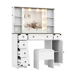 Acekool - Makeup Vanity Desk, Vanity Table with Mirror and Lights, Dressing Table with Cushioned Stool& Charging Station - White