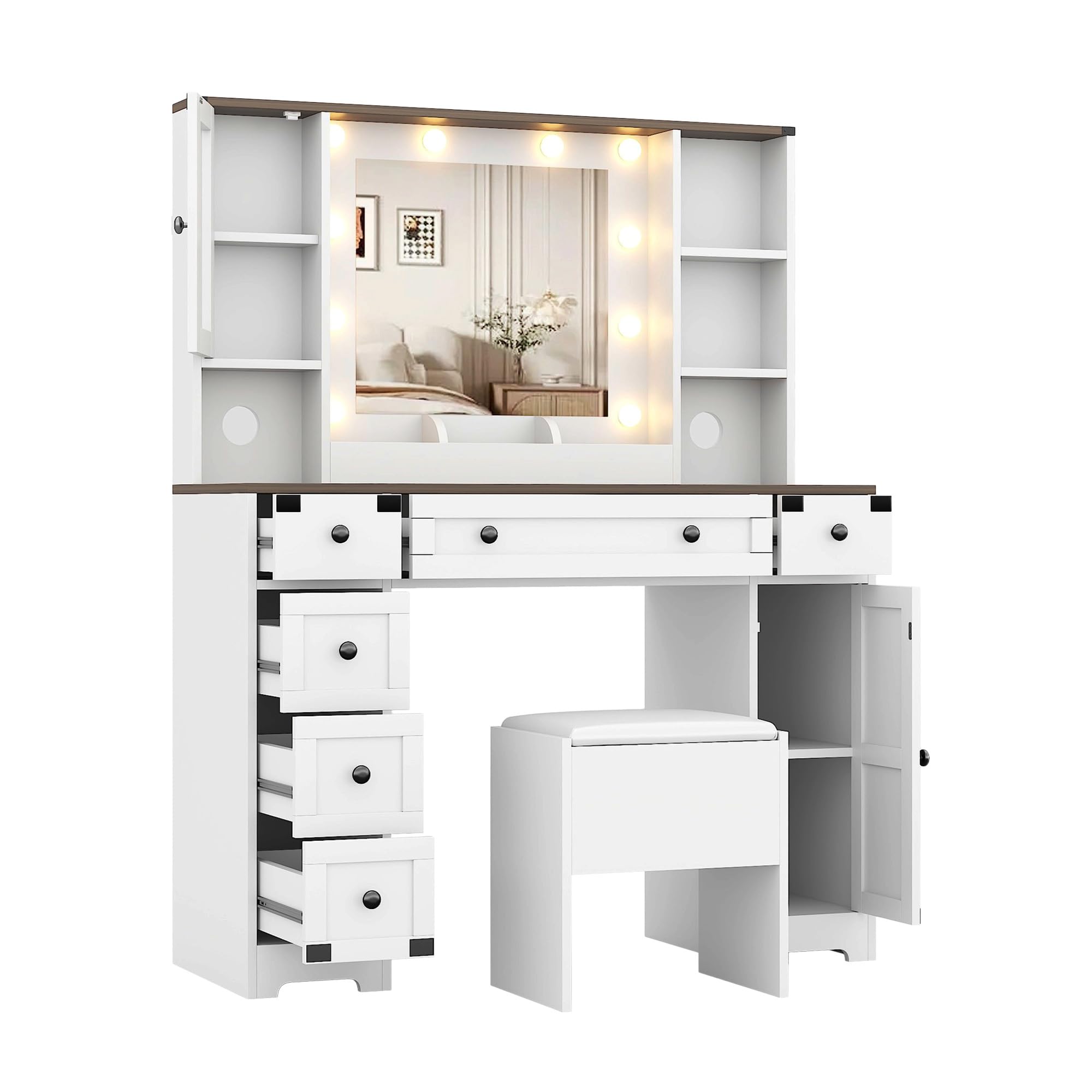 Front. Acekool - Makeup Vanity Desk, Vanity Table with Mirror and Lights, Dressing Table with Cushioned Stool& Charging Station - White.