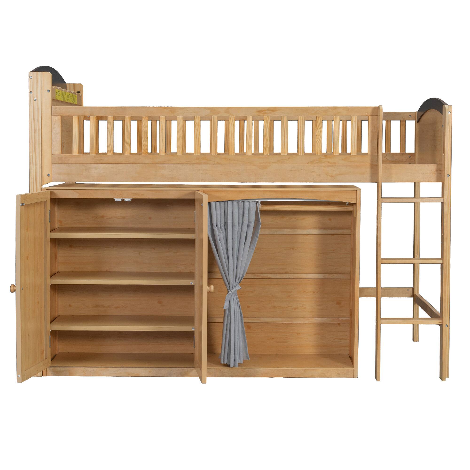 Alt View 2. Whisen - Twin Size Loft Bed with Storage Cabinet, Wardrobe and LED Lights, Wooden Kids Bed Frame for Bedroom - Espresso.