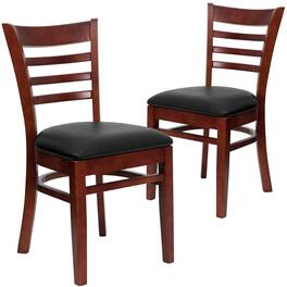 Emma + Oliver - 2 Pack Ladder Back Wooden Restaurant Chair - Black Vinyl Seat/Mahogany Wood Frame