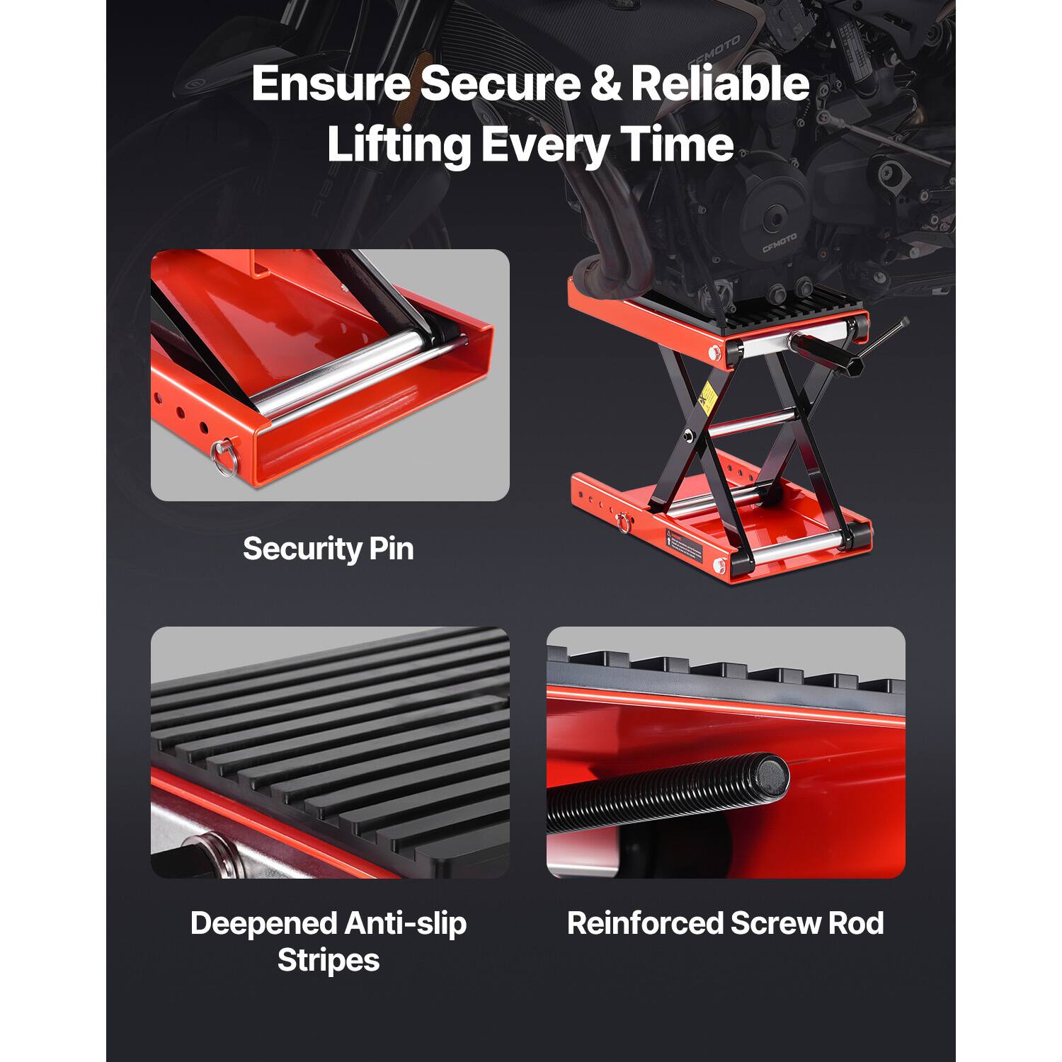 EMOTO Ensure Secure & Reliable Lifting Every Time  
HOTO  
Security Pin  
Deepened Anti-slip Stripes  
Reinforced Screw Rod
