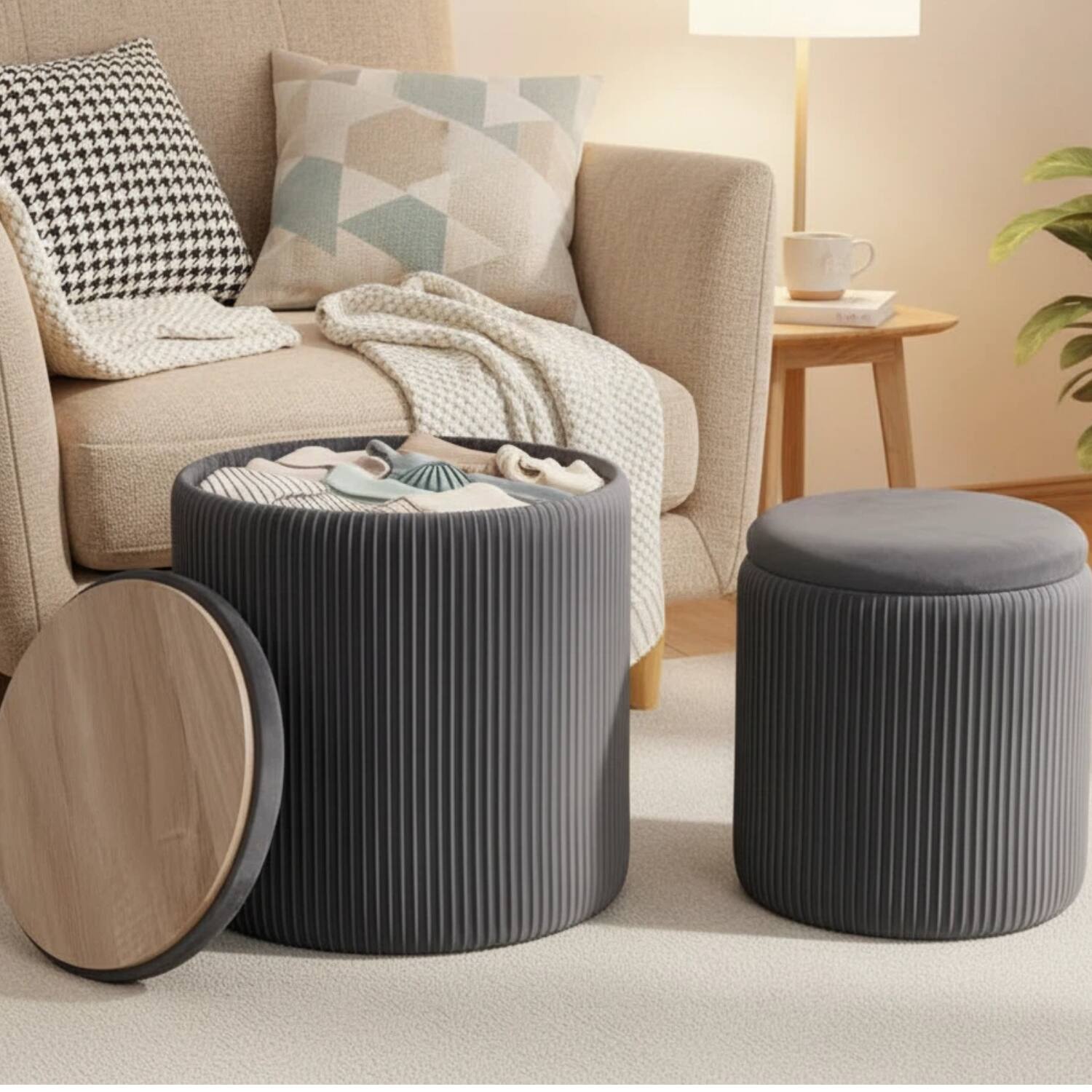 Front. AOITUN - Ribbed Storage Ottoman Set with Reversible Tray Lid, 2-Piece Nesting Footstool for Living Room, Grey - Grey.