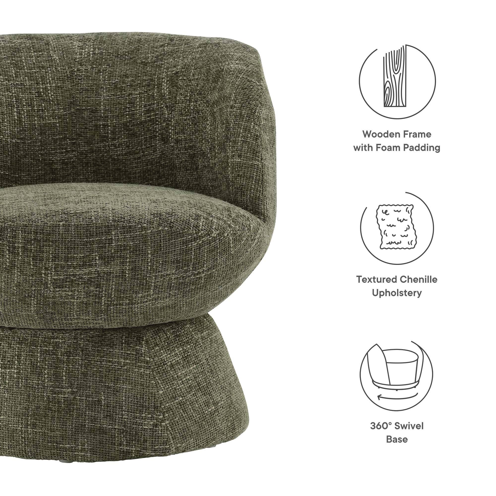 - Wooden Frame with Foam Padding
- Textured Chenille Upholstery
- 360° Swivel Base