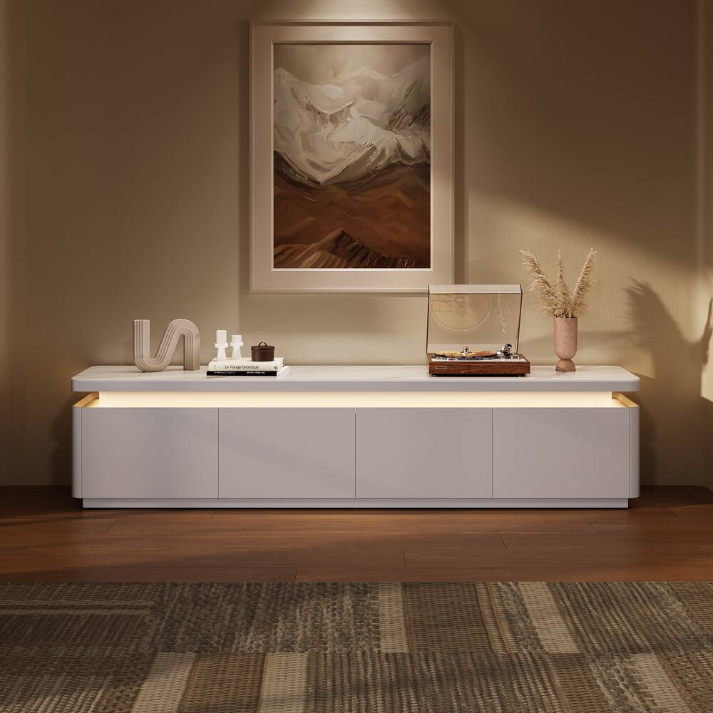 Angle. POVISON - 71" Fully Assembled White Glossy Sintered Stone Mid-Century TV Stand with LED Lights and Drawers for 65 to 75 In TVs - White MDF.