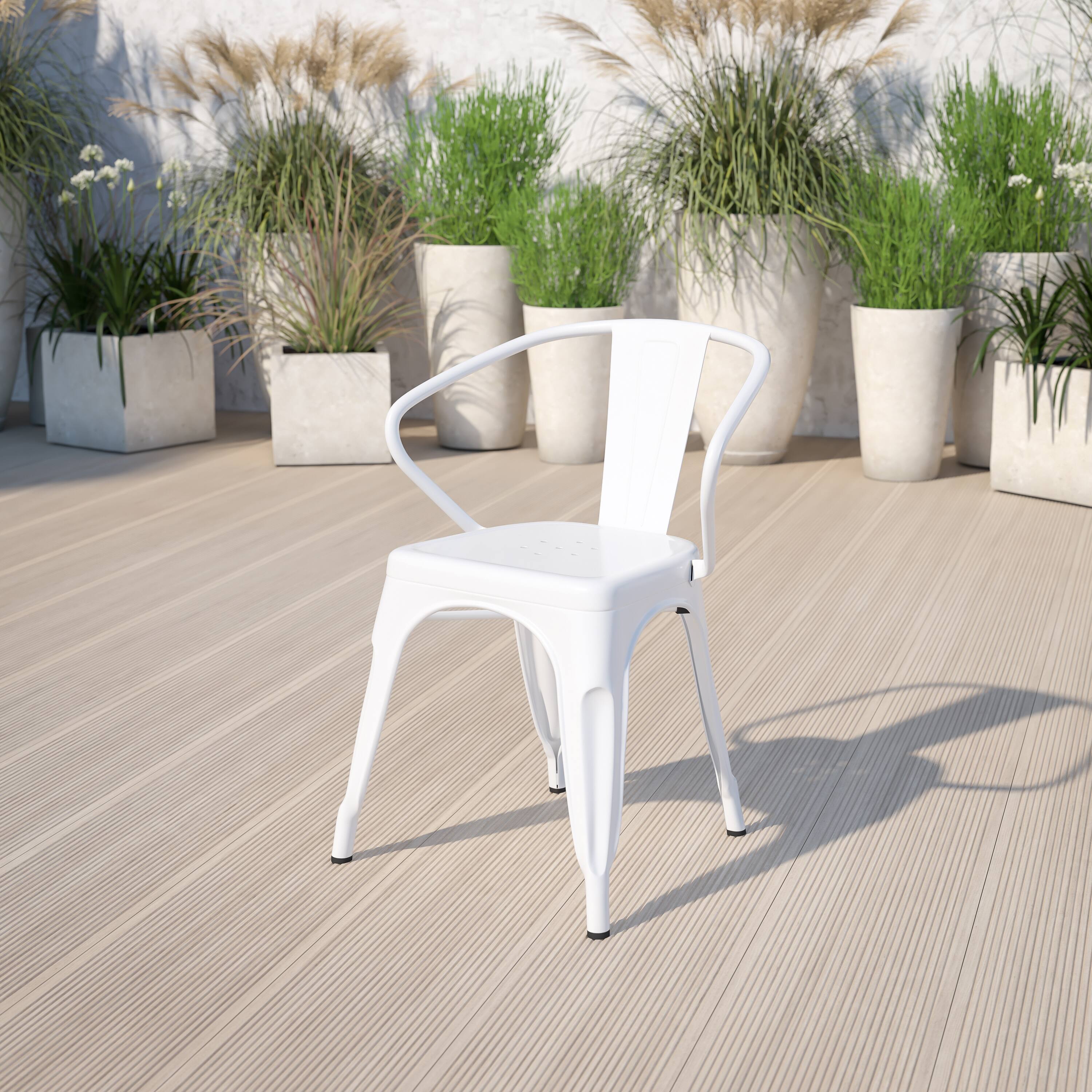 Alt View 1. Emma + Oliver - Commercial Grade Colorful Metal Indoor-Outdoor Chair with Arms - White.