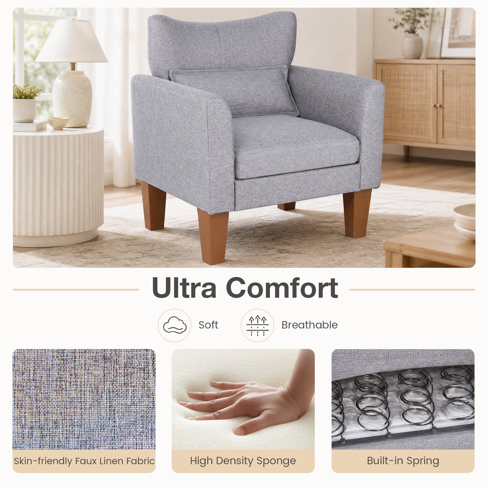 Ultra Comfort

Soft
Breathable

Skin-friendly Faux Linen Fabric
High Density Sponge
Built-in Spring