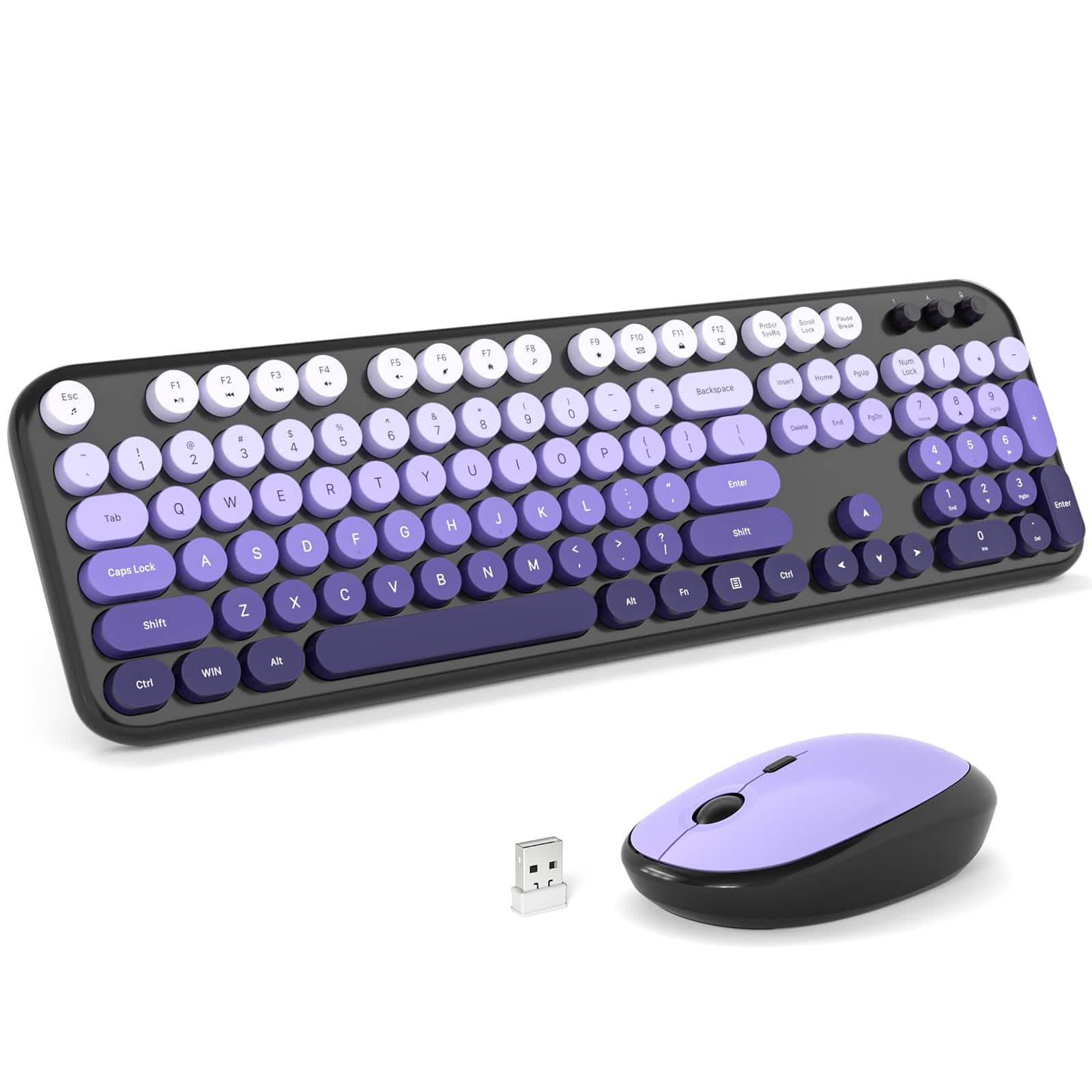 PRIMEPLUS - Full Size Wireless Keyboard and Mouse Combo, 2.4GHz Retro Typewriter Keyboard with Number Pad for Desktop Windows - Lovely-Black Purple Gradient