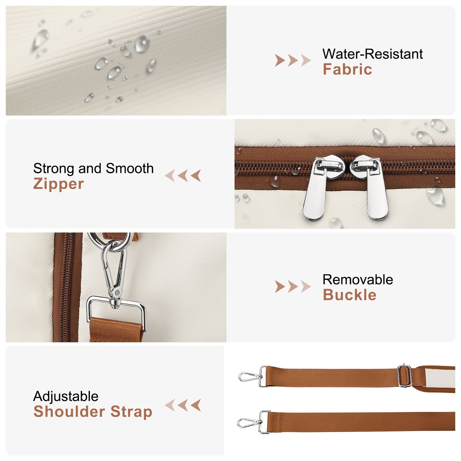 - Water-Resistant Fabric
- Strong and Smooth Zipper
- Removable Buckle
- Adjustable Shoulder Strap