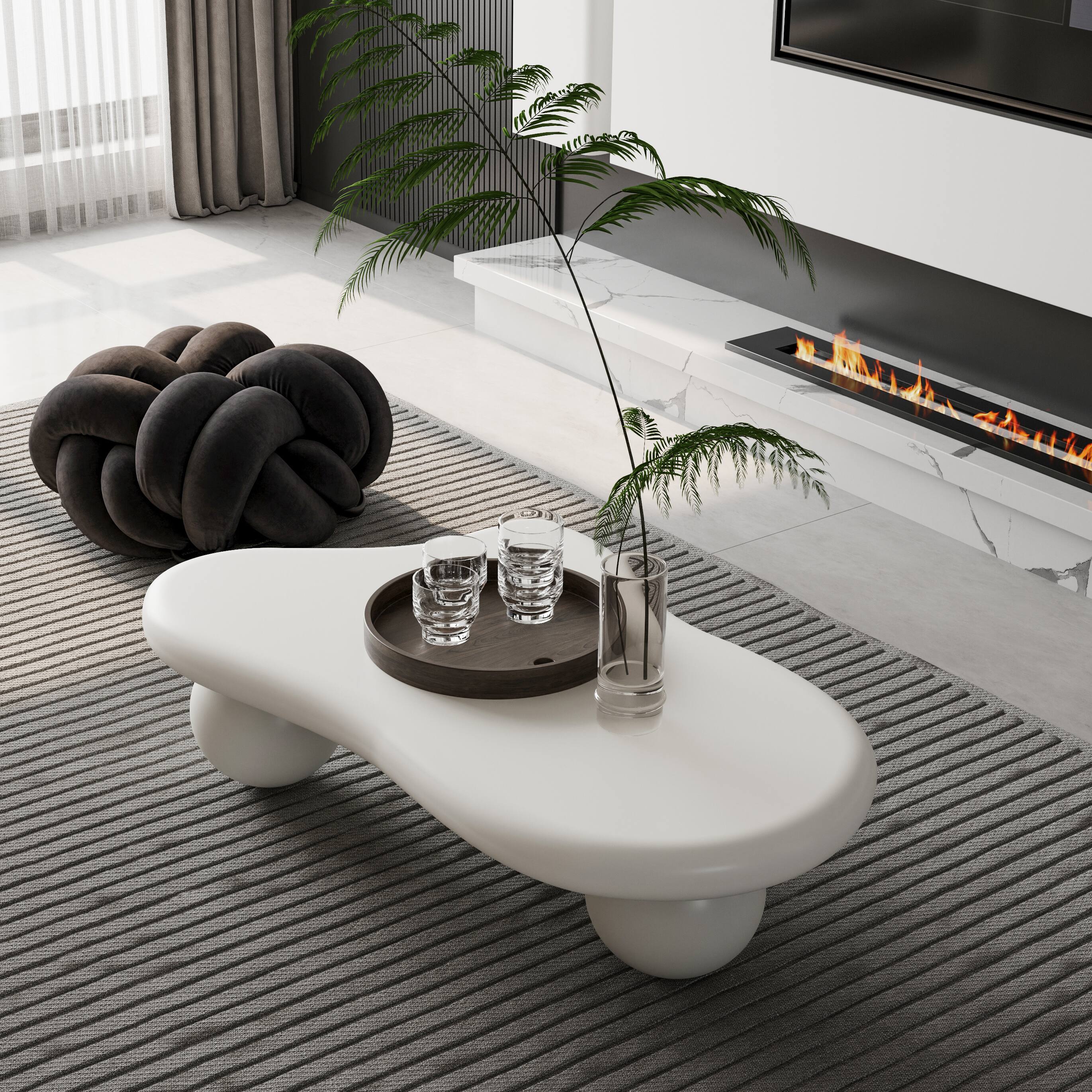 Left. Loheer - Loheer Cloud Shaped Coffee Table Cream White Modern Living Room Table with Ball Legs 40 Inch - Cream White.