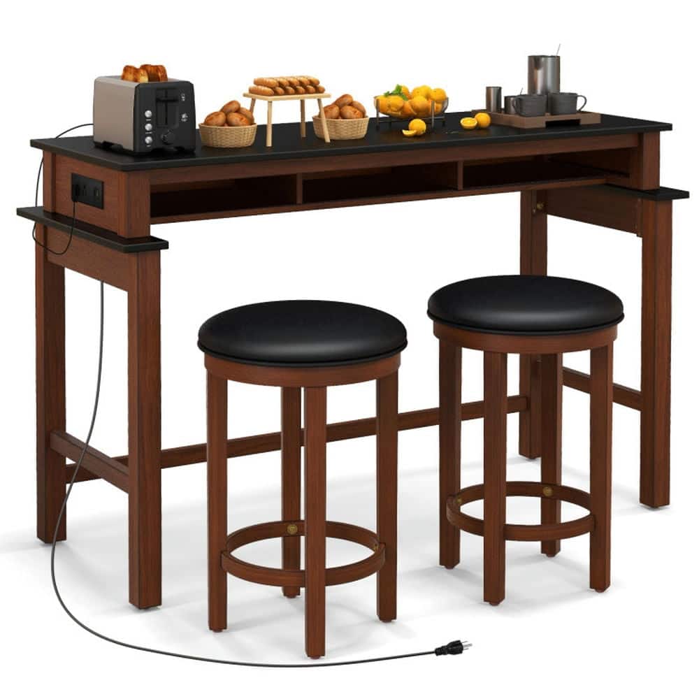 Kadyn - 3-Pc Home Bar Set with 2 Upholstered Bar Stools Outlets and USB Ports- Dining Table - Black