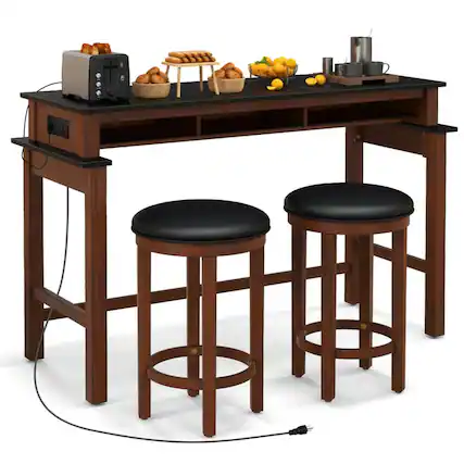 Front. Kadyn - 3-Pc Home Bar Set with 2 Upholstered Bar Stools Outlets and USB Ports-Black, Dining Table - Black.