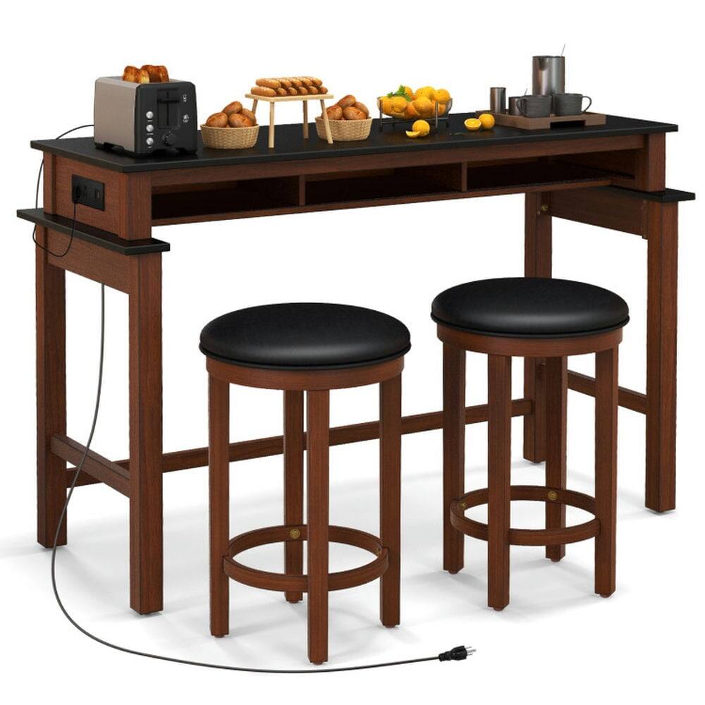 Front. Kadyn - 3-Pc Home Bar Set with 2 Upholstered Bar Stools Outlets and USB Ports-Black, Dining Table - Black.