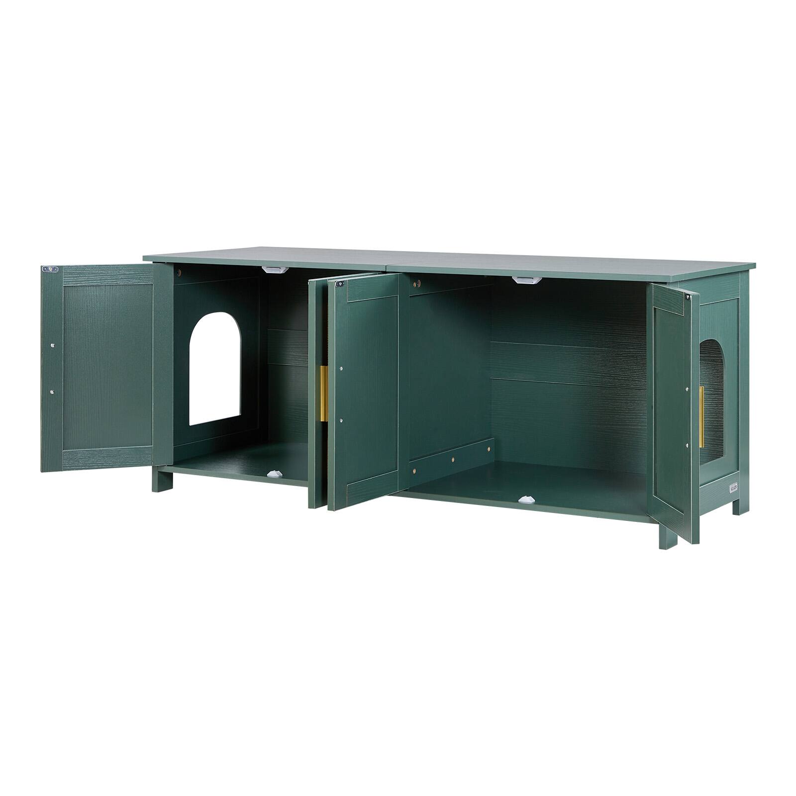 Alt View 5. VEVOR - Cat Litter Box Enclosure for Multi Cats, 47.2 in Hidden Litter Box Cabinet with 4 Rattan Doors & 2 Entries - Retro Green + Rattan Doors + Gold Handles.