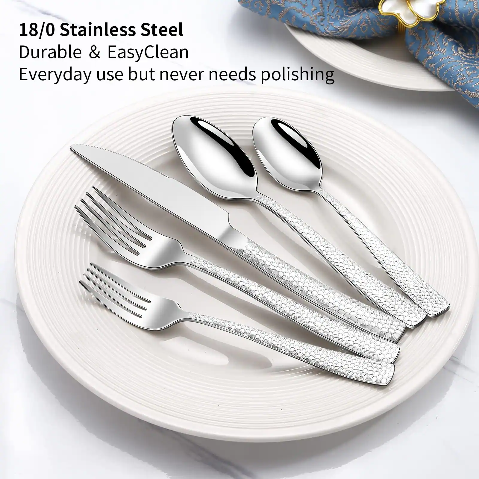 Left. Dazzed Corner - 20-Piece Silverware Set, Silver Hammered Stainless Steel Flatware for 4 - NYR6HLK.