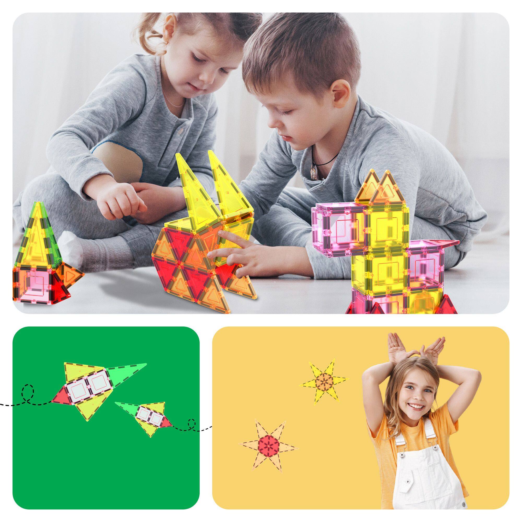 Alt View 3. PicassoTiles - PICASSO-TILES Magnetic Tile Building Block Set Squares & Triangles, STEM Educational Geometric Magnet Shape Kit for Kids.