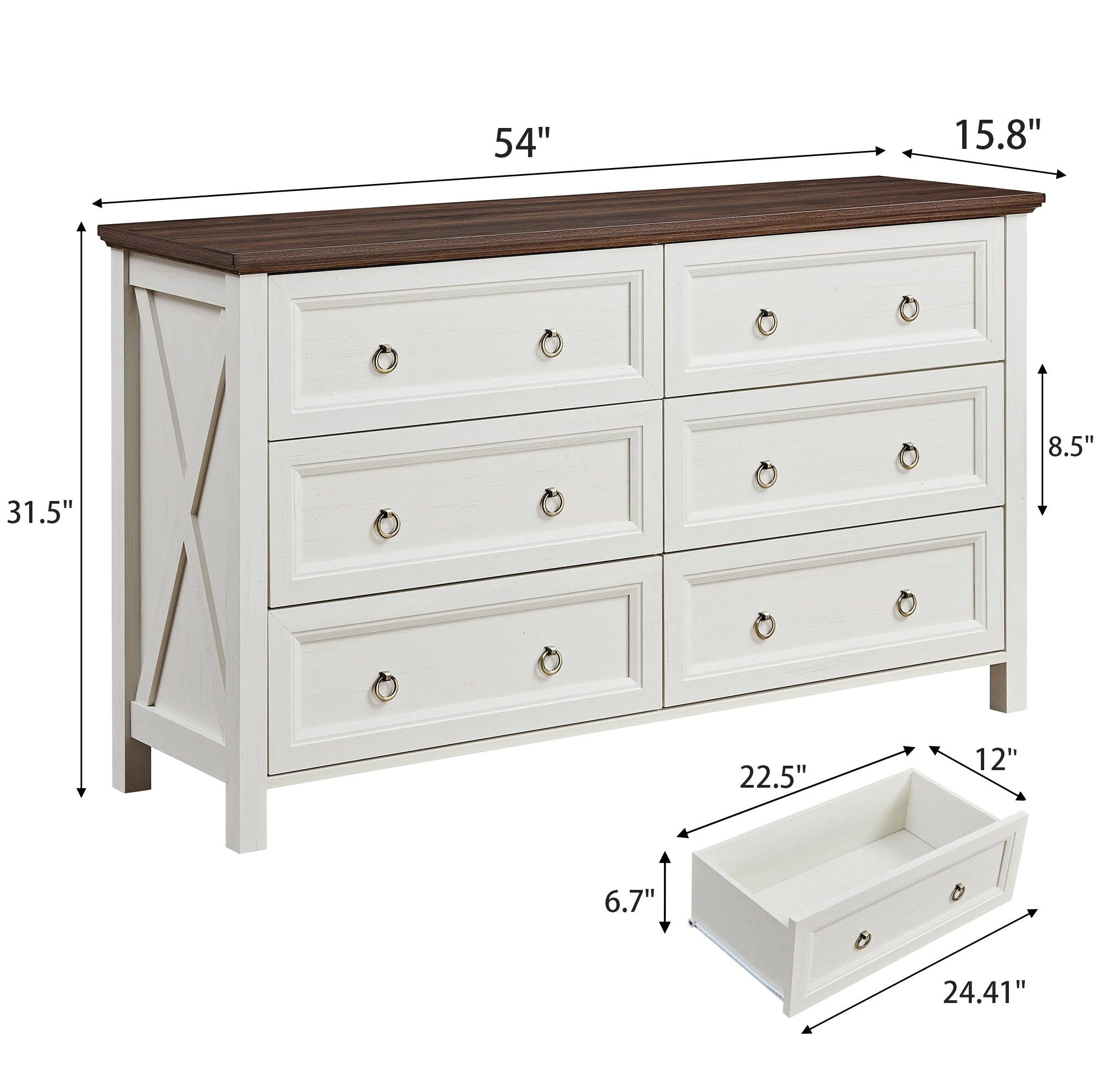 54" (width)  
15.8" (depth)  
31.5" (height)  
8.5" (drawer height)  
22.5" (drawer width)  
12" (drawer depth)  
6.7" (drawer height)  
24.41" (drawer width)