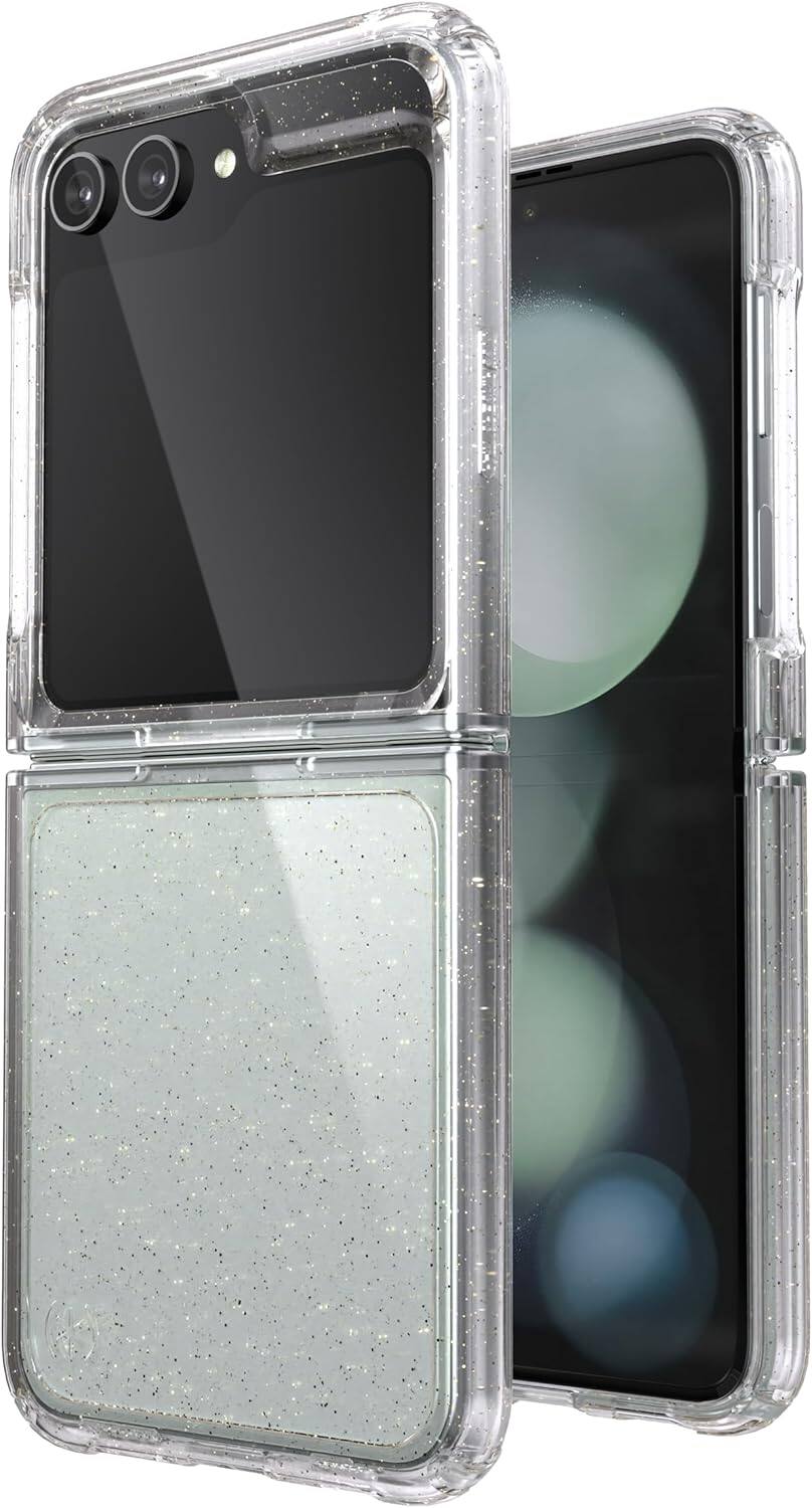 Alt View 1. Speck - Speck Presidio Perfect-Clear Fold With Glitter Case - Samsung Galaxy Z Flip5 - Clear/Gold Glitter.