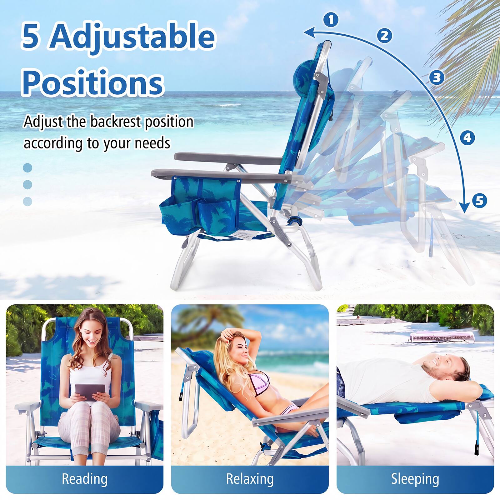 5 Adjustable Positions  
Adjust the backrest position according to your needs

1  
2  
3  
4  
5  

Reading  
Relaxing  
Sleeping