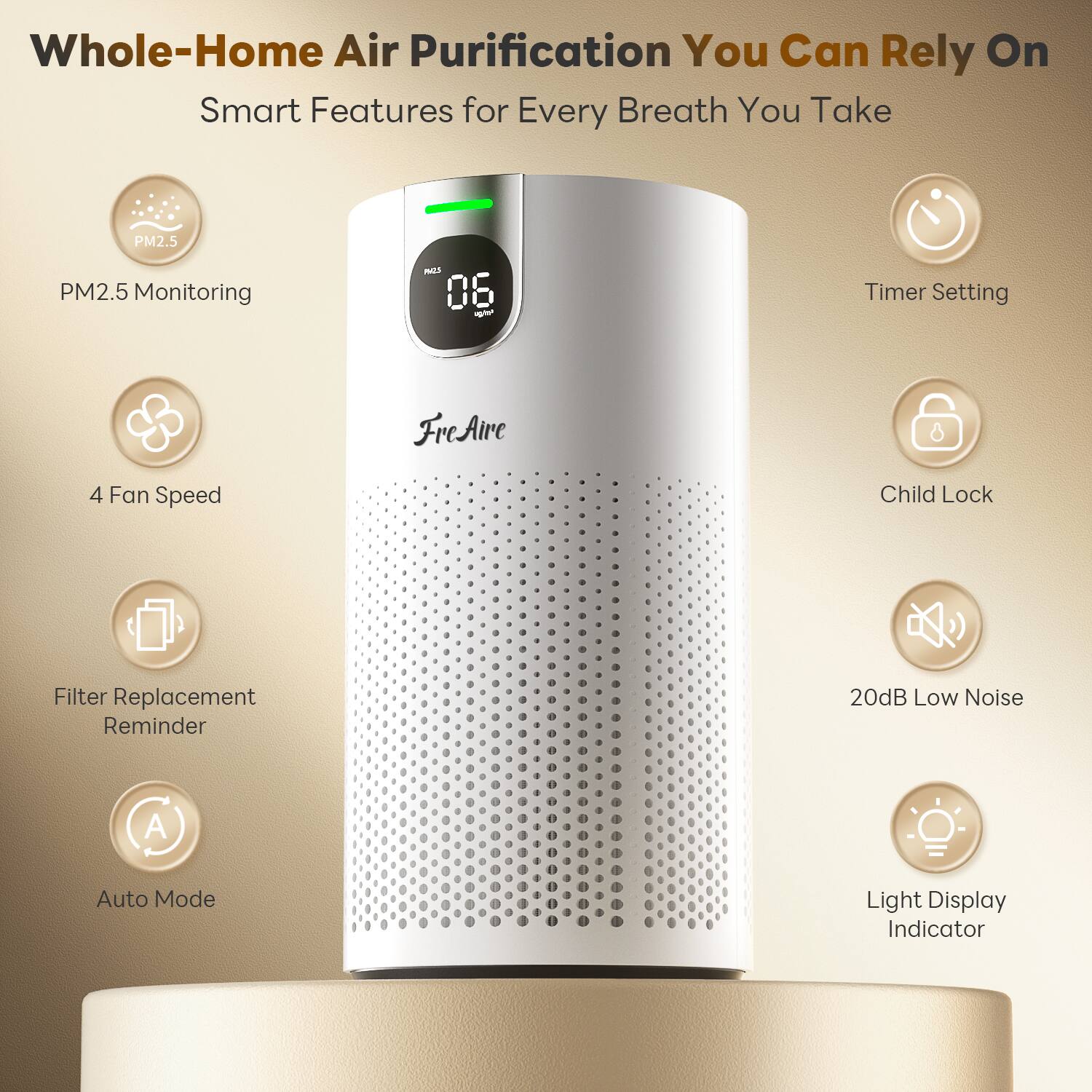 Whole-Home Air Purification You Can Rely On  
Smart Features for Every Breath You Take  

- PM2.5 Monitoring  
- Timer Setting  
- 4 Fan Speed  
- Child Lock  
- Filter Replacement Reminder  
- 20dB Low Noise  
- Auto Mode  
- Light Display Indicator