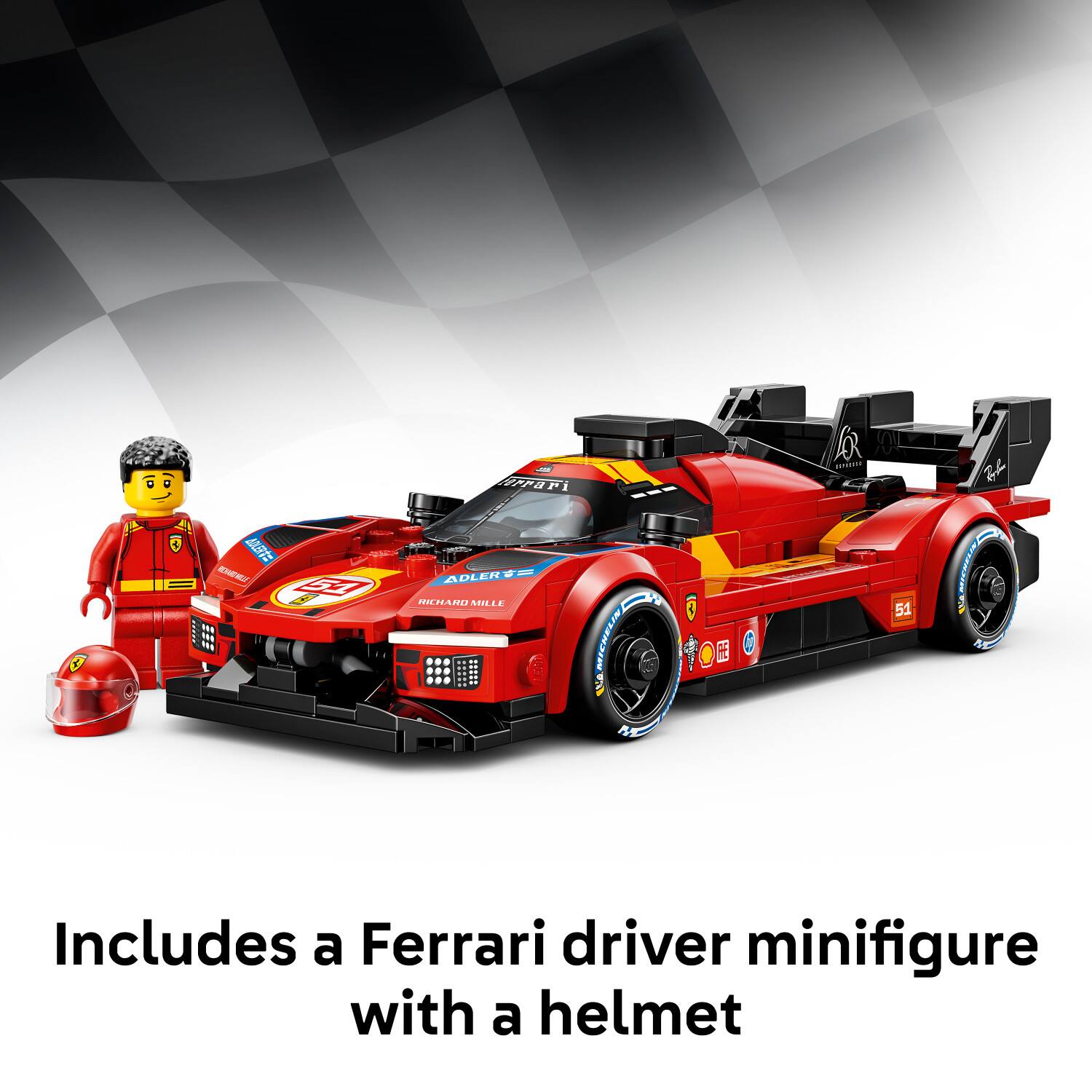 - EFPaF ---  
- C57 EHER E - ADLER 20011A.m AIdA AN MICHELIY i 51  
- Includes a Ferrari driver minifigure with a helmet