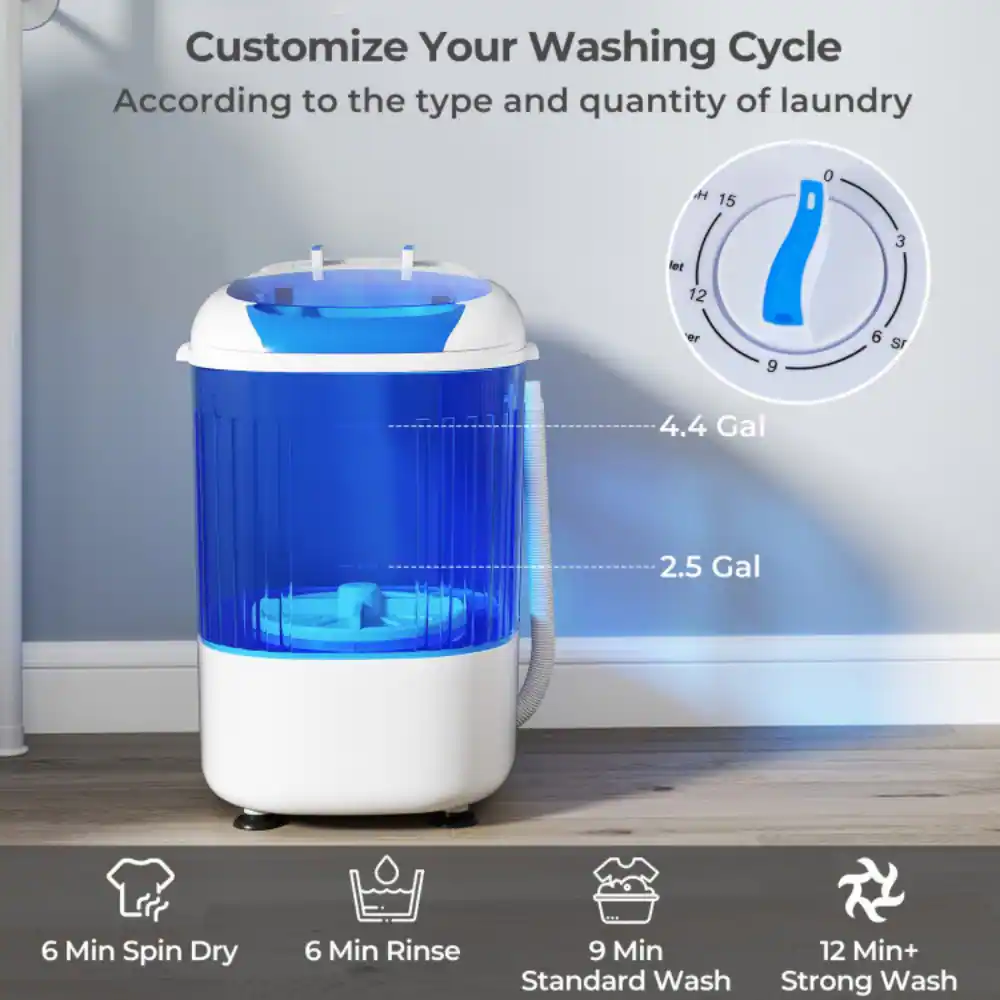 Customize Your Washing Cycle  
According to the type and quantity of laundry  

- 6 Min Spin Dry  
- 6 Min Rinse  
- 9 Min Standard Wash  
- 12 Min+ Strong Wash  

4.4 Gal  
2.5 Gal