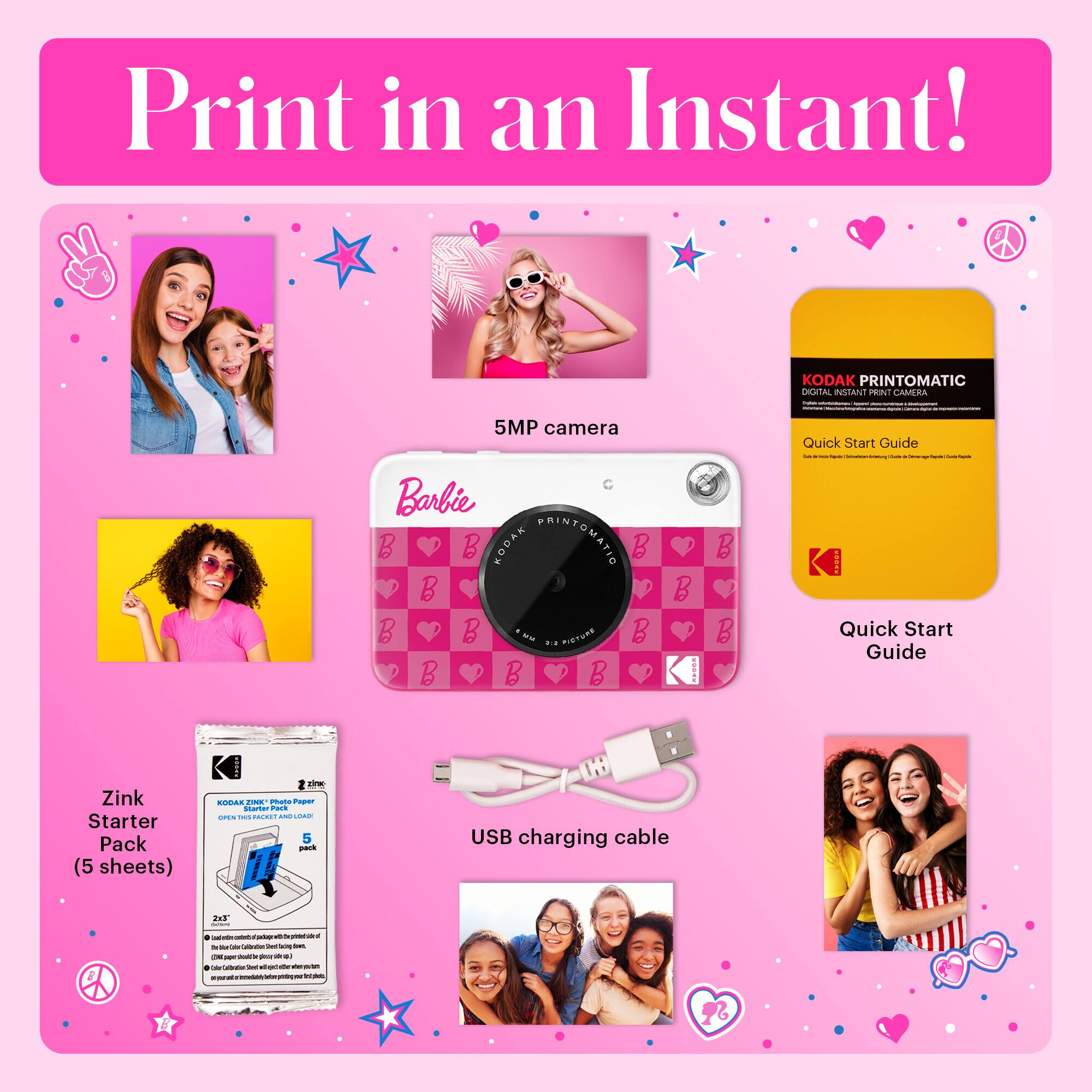 Print in an Instant! 5MP camera Barbie Kodak PrintoMatic Digital Instant Camera - Quick Start Guide - Zink Starter Pack (5 sheets) - USB charging cable