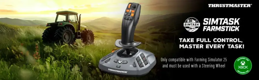 THRUSTMASTER'S F SIMTASK SIMTASK FARMSTICK TAKE FULL CONTROL, MASTER EVERY TASK! THRUSTMASTER'S F SIMTASK FARMSTICK IS ONLY COMPATIBLE WITH FARMING SIMULATOR 25 AND MUST BE USED WITH A STEERING WHEEL DESIGNED FOR XBOX.