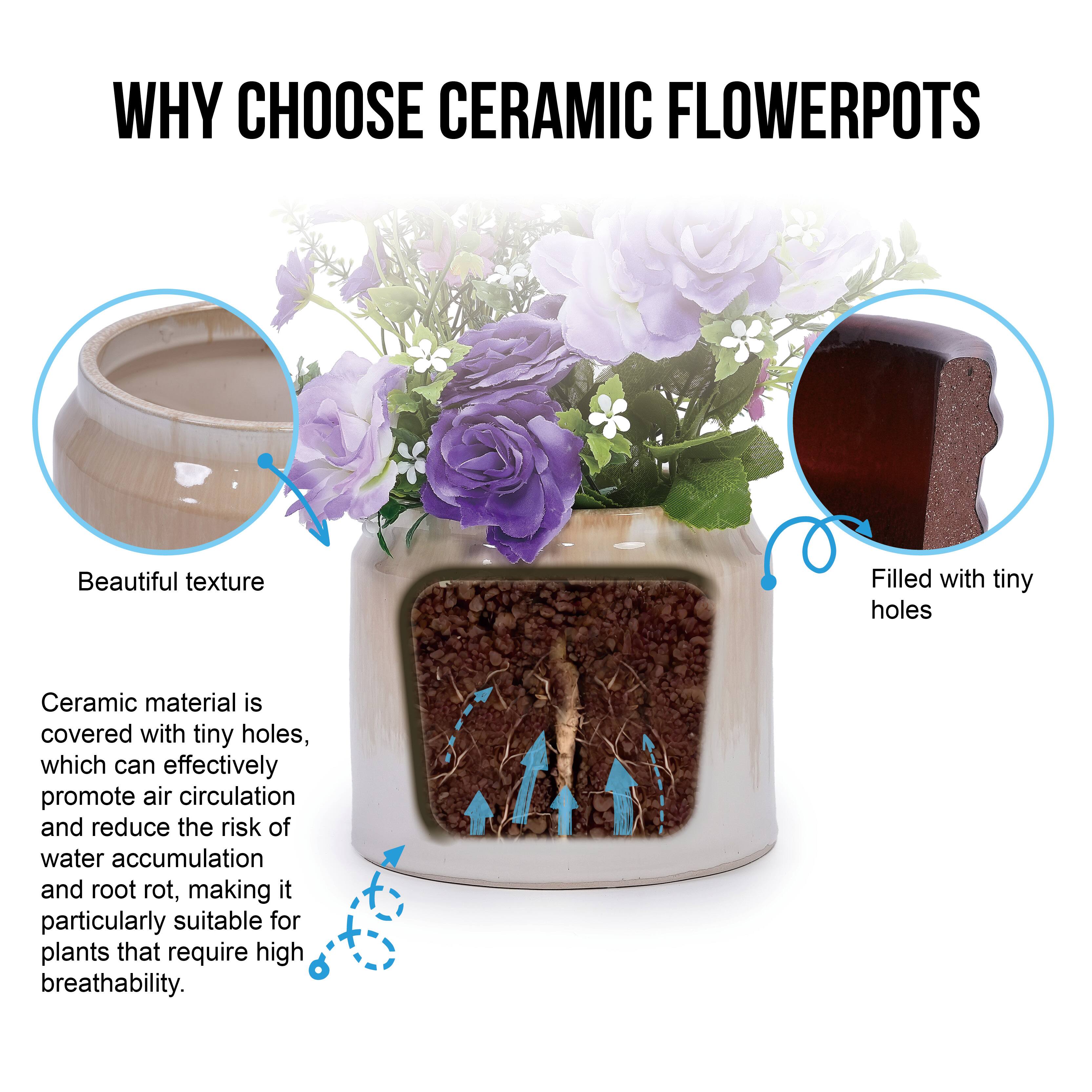 WHY CHOOSE CERAMIC FLOWER POTS

Beautiful texture

Ceramic material is covered with tiny holes, which can effectively promote air circulation and reduce the risk of water accumulation and root rot, making it particularly suitable for plants that require high breathability.

Filled with tiny holes