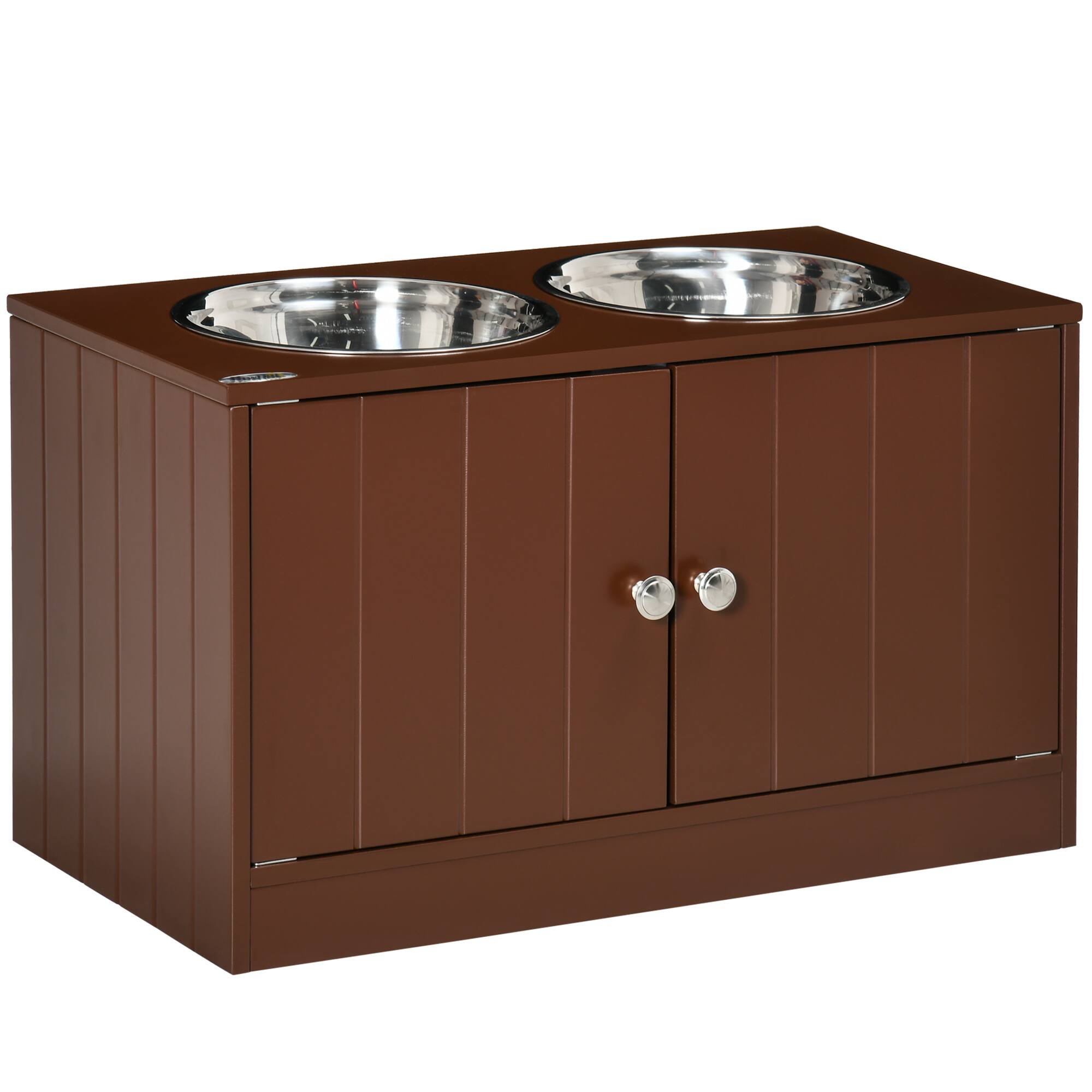 Front. Pawhut - Elevated Bowls with Cabinet Containing 44L Capacity, Raised Bowl Stand Food Bowl Feeding Station - Brown.