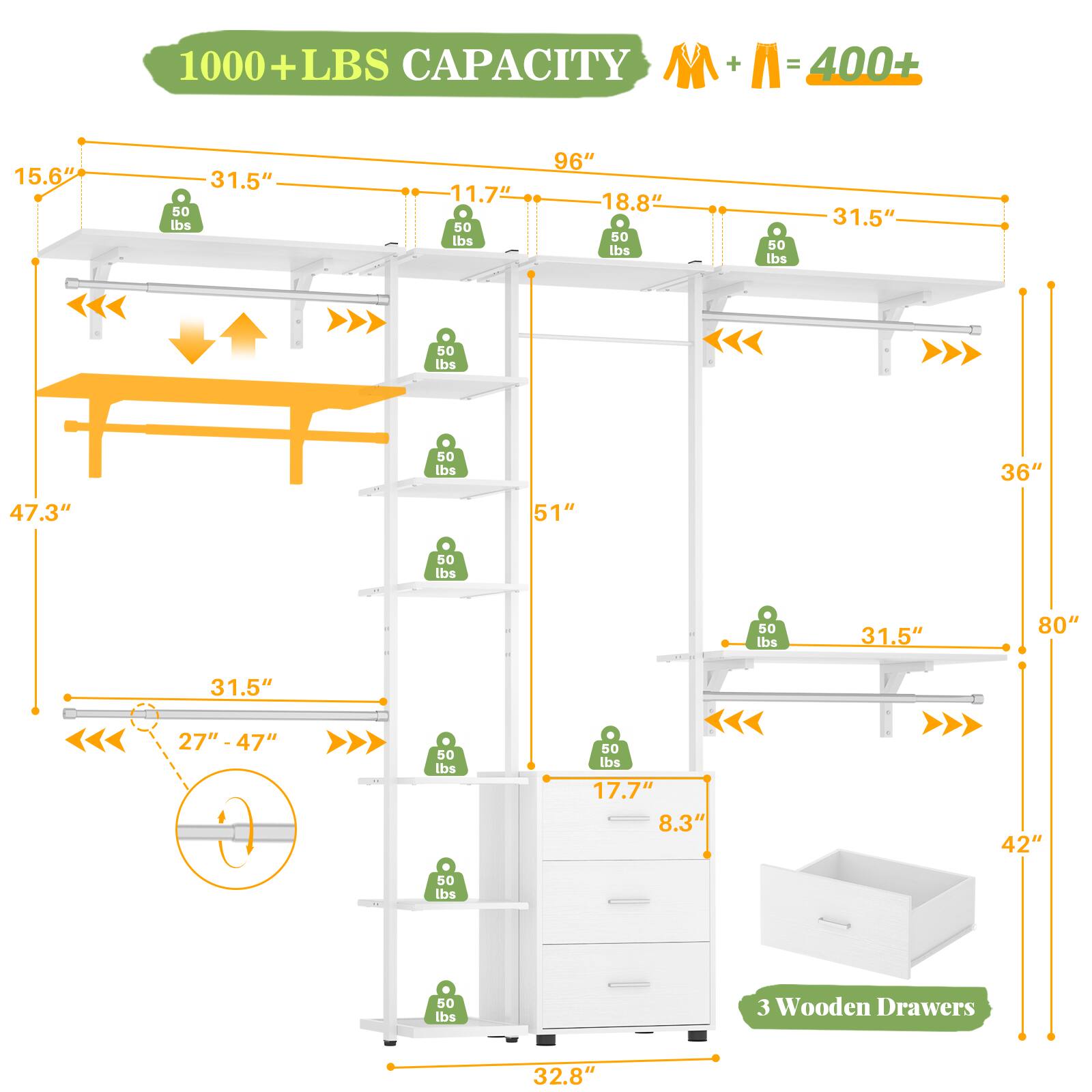 1000+ LBS CAPACITY  
M + A = 400+  

15.6"  
31.5"  
11.7"  
96"  
18.8"  
31.5"  
51"  
36"  
47.3"  
80"  
27"-47"  
17.7"  
8.3"  
42"  
3 Wooden Drawers  
32.8"