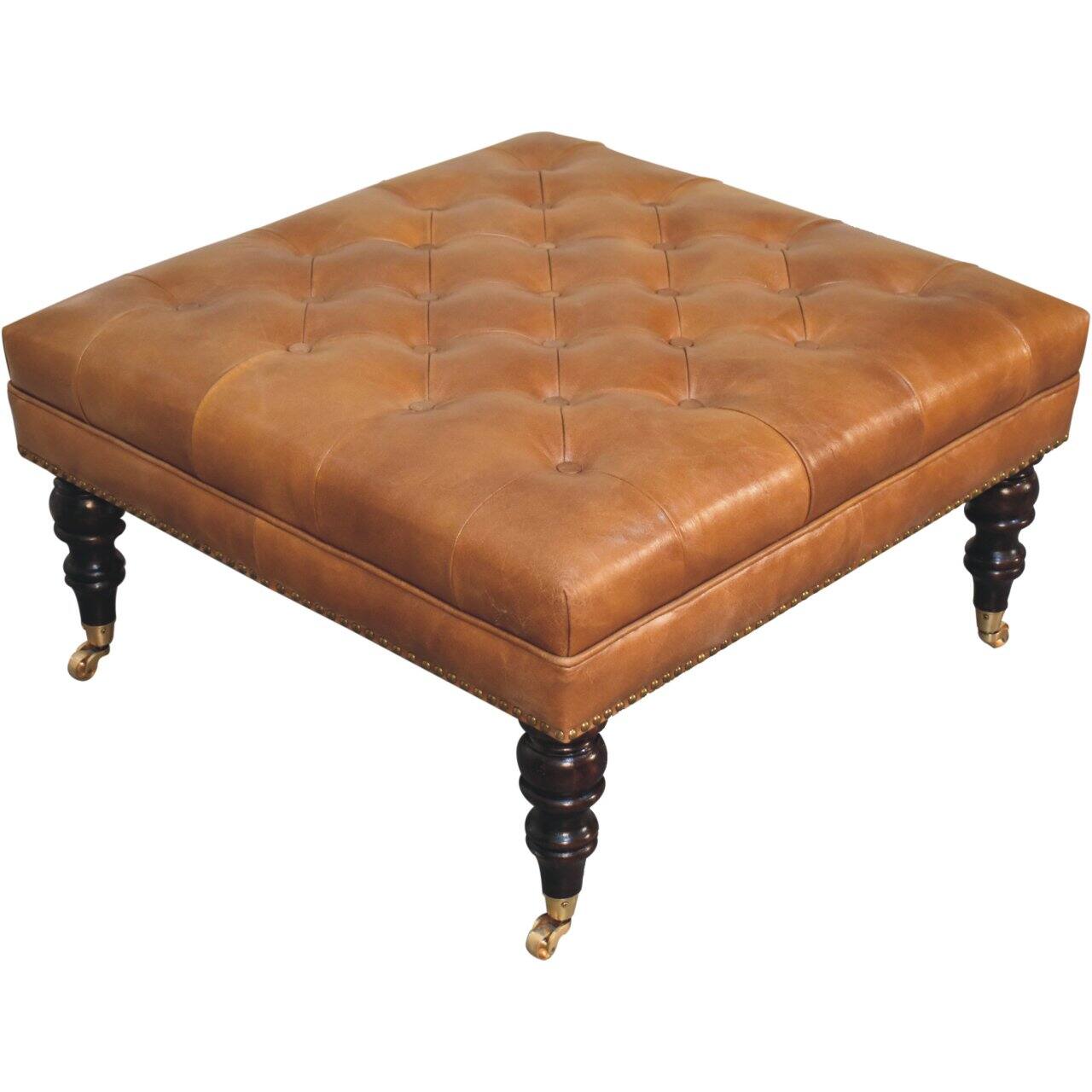 Alt View 2. Artisan Furniture - Artisan Furniture Solid Wood Studded Buffalo Tan Leather Ottoman with Castor Legs, Upholstered, Brown - Brown.