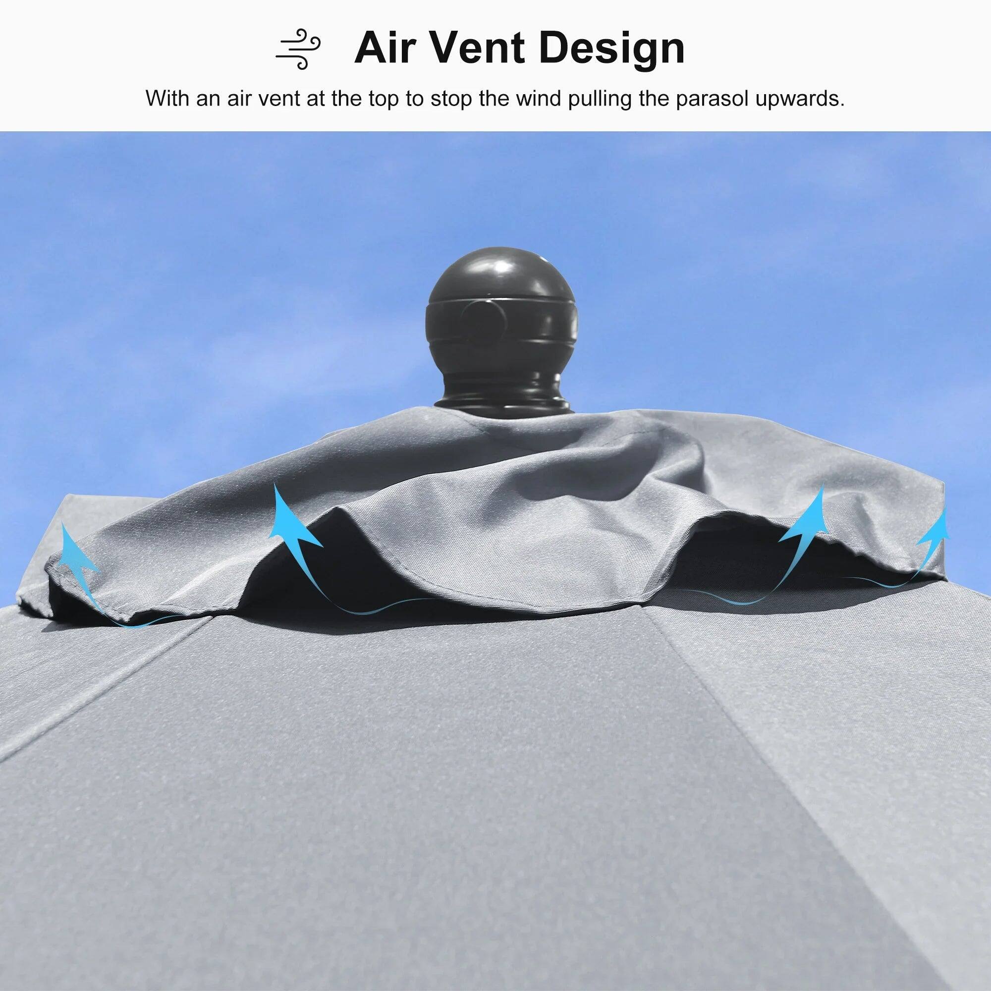 Air Vent Design

With an air vent at the top to stop the wind pulling the parasol upwards.