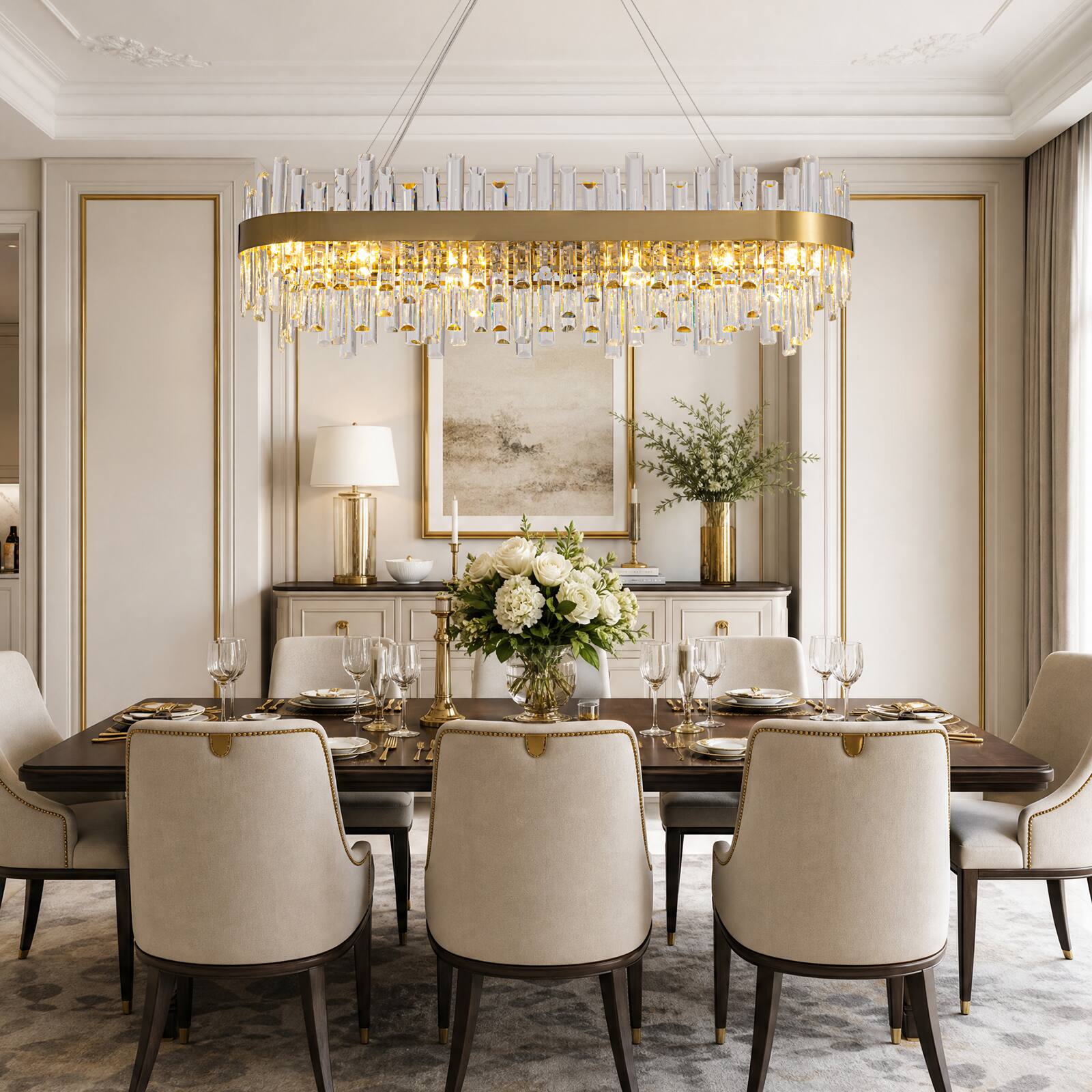 Alt View 3. Siljoy - Luxury Rectangle Crystal Chandelier, 40" Gold Linear Chandelier, 16-Light for Kitchen Island Foyer Living Room - Gold.