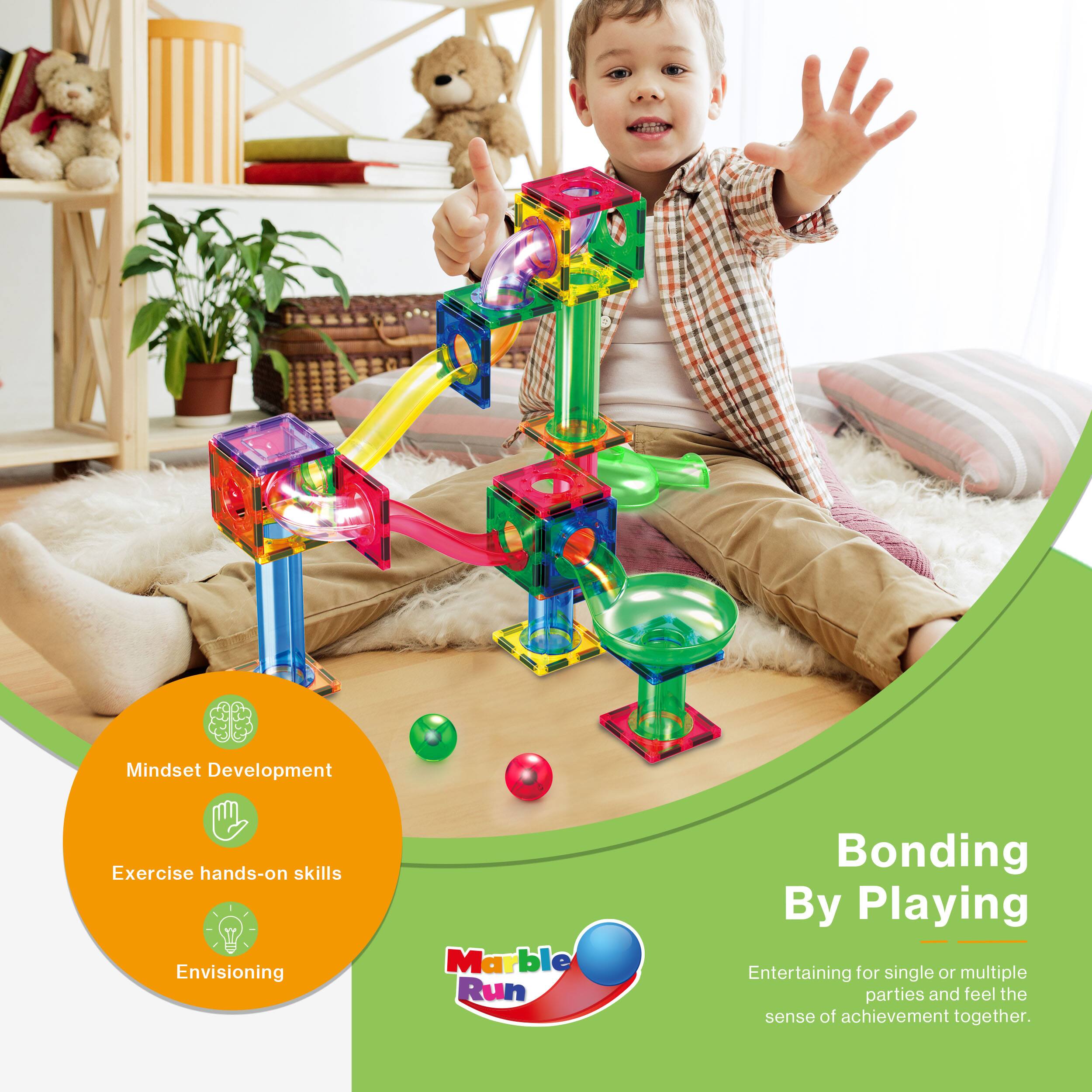 Mindset Development  
Exercise hands-on skills  
Envisioning  

Marble Run  

Bonding By Playing  
Entertaining for single or multiple parties and feel the sense of achievement together.