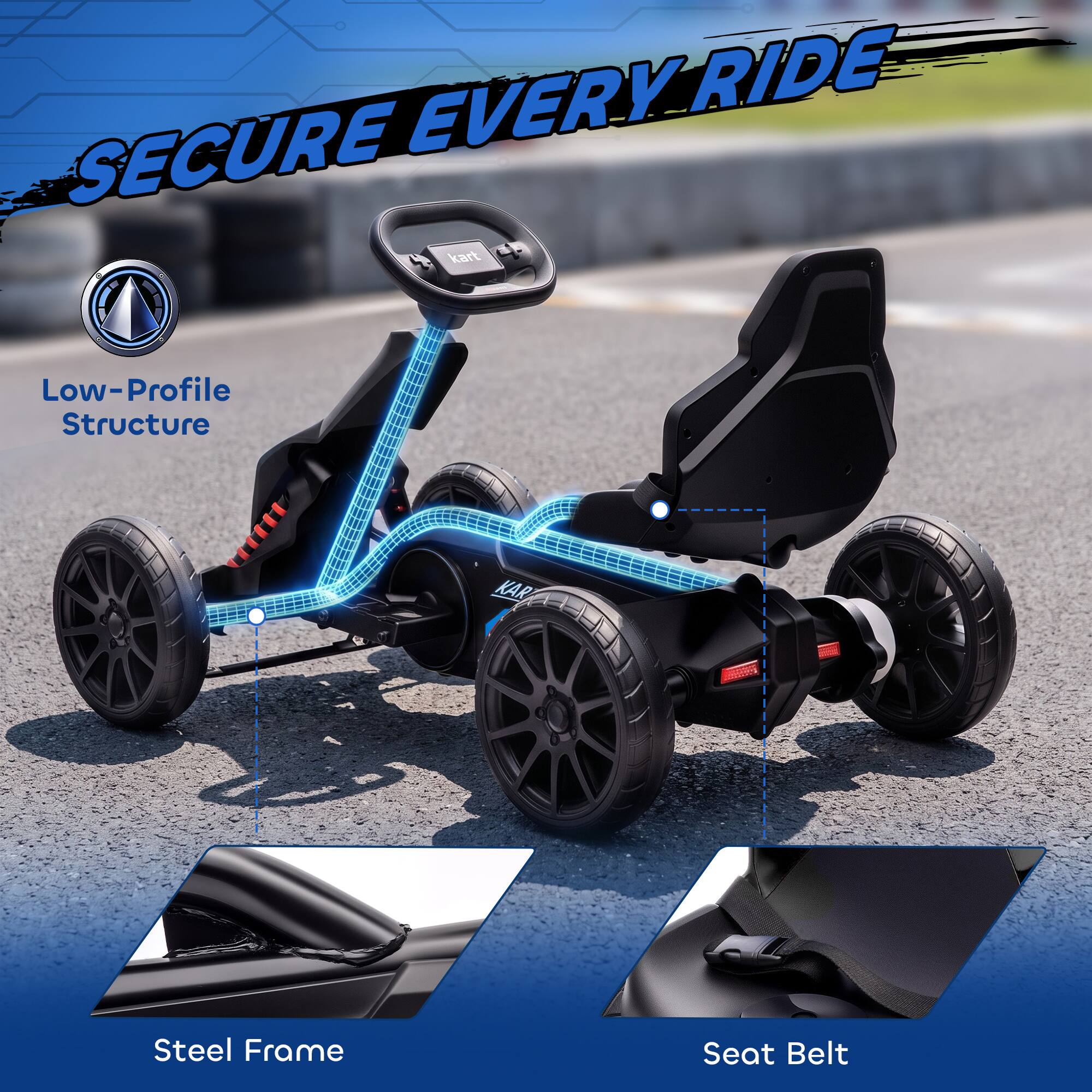 SECURE EVERY RIDE

Low-Profile Structure

Steel Frame

Seat Belt
