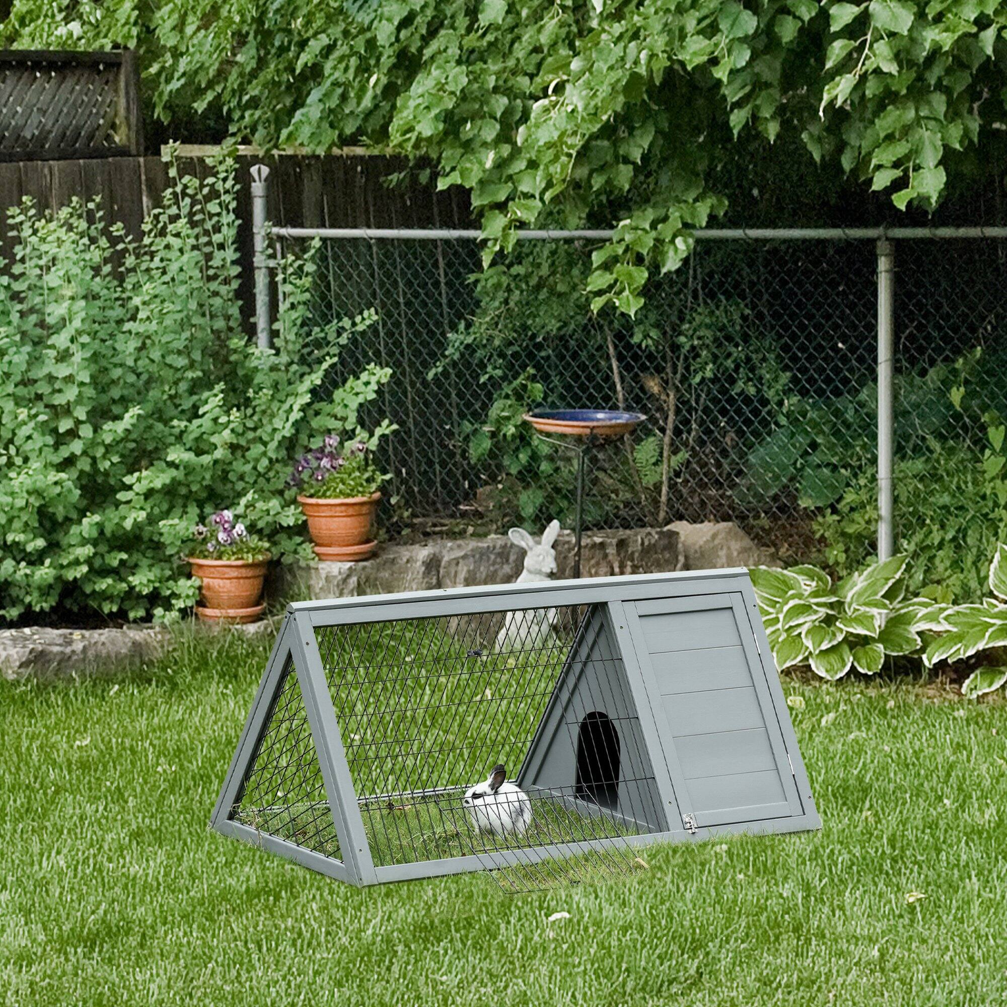Alt View 4. Pawhut - 46" x 24" Wooden A-Frame Outdoor Rabbit Hutch, Small Animal Cage, Outside Run & Ventilating Wire.