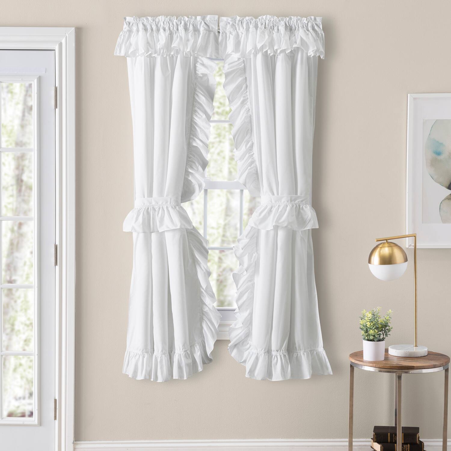 Angle. Ellis Curtain - ELLIS Polyester-Cotton Classic Wide Solid Color Perma Press Ruffled Priscilla W/Ties 84" x 54" White - White.