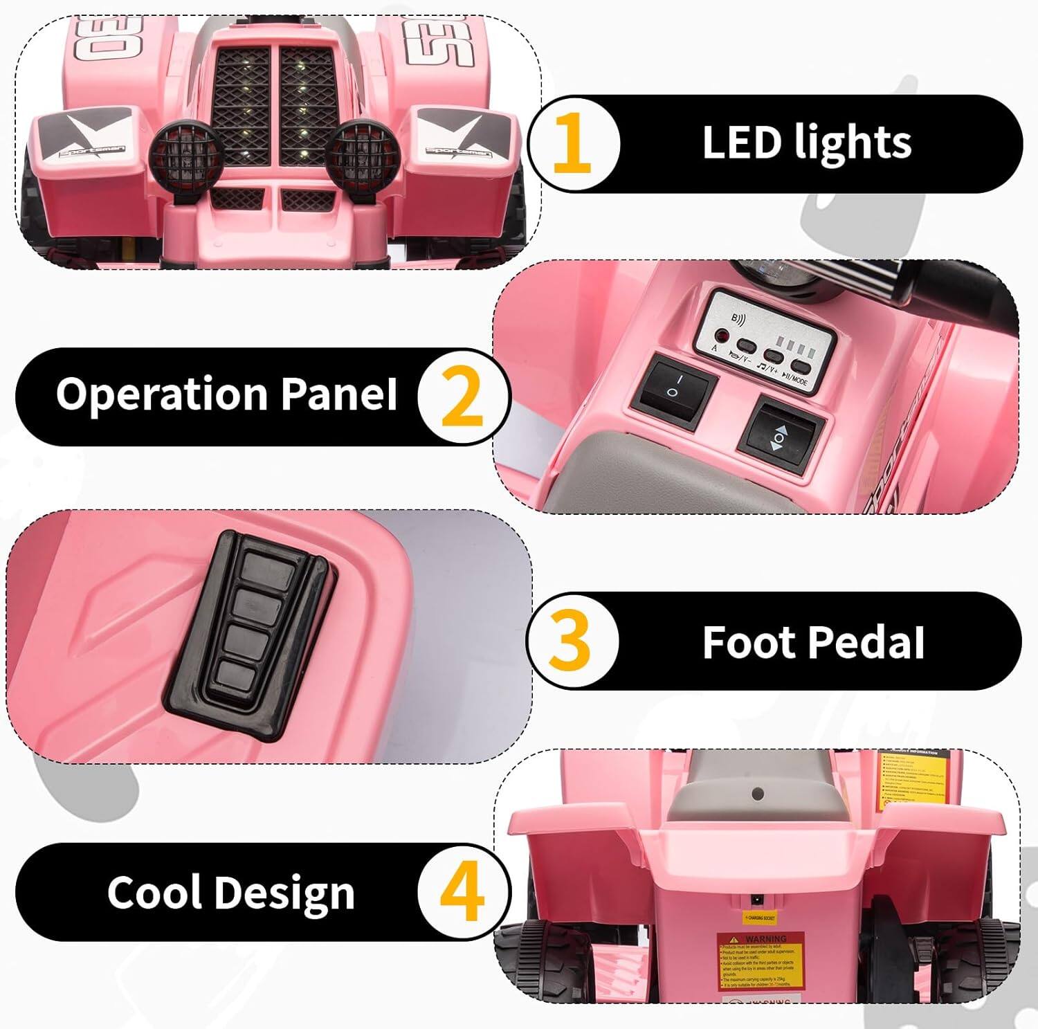 1. LED lights  
2. Operation Panel  
3. Foot Pedal  
4. Cool Design