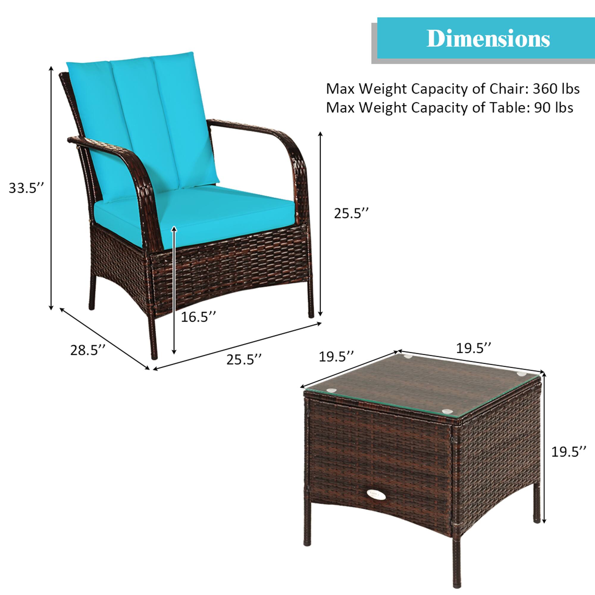 Dimensions  
Max Weight Capacity of Chair: 360 lbs  
Max Weight Capacity of Table: 90 lbs  

33.5"  
25.5"  
16.5"  
28.5"  
25.5"  
19.5"  
19.5"  
19.5"