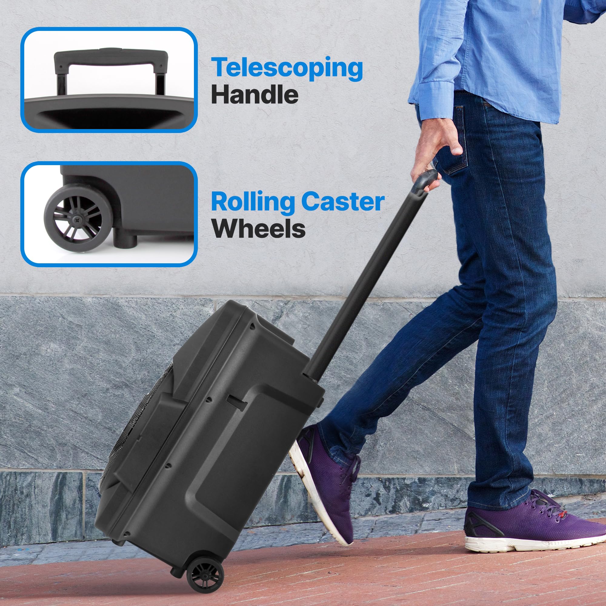 Telescoping Handle  
Rolling Caster Wheels