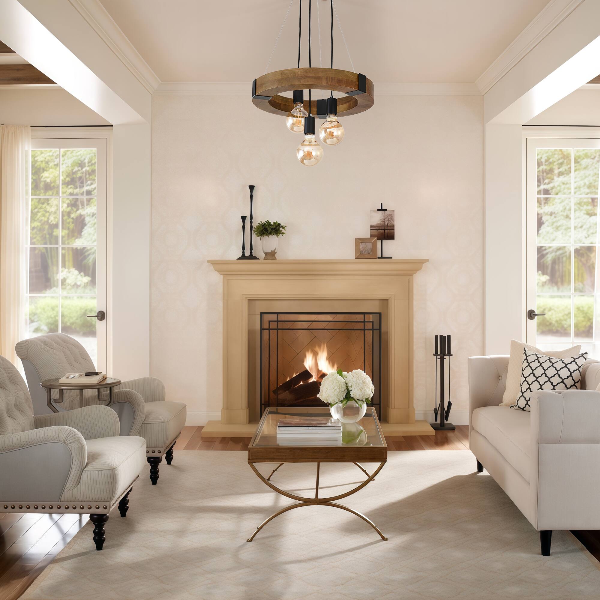 Back. RYHNUYNE - 3-Light Farmhouse Wooden Chandelier 17.72in Circular Pendant with Adjustable Height Rustic Natural Wood Ceiling Light.