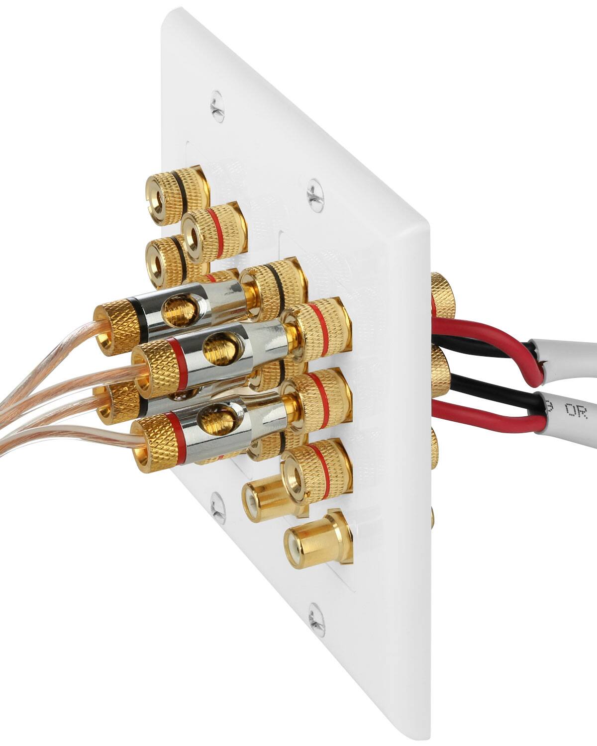 Alt View 1. Fosmon - 2-Gang 7.1 Surround Sound Distribution Wall Plate w/ Gold Plated 7-Pair Copper Binding Posts + 2 RCA Jacks - White - White.