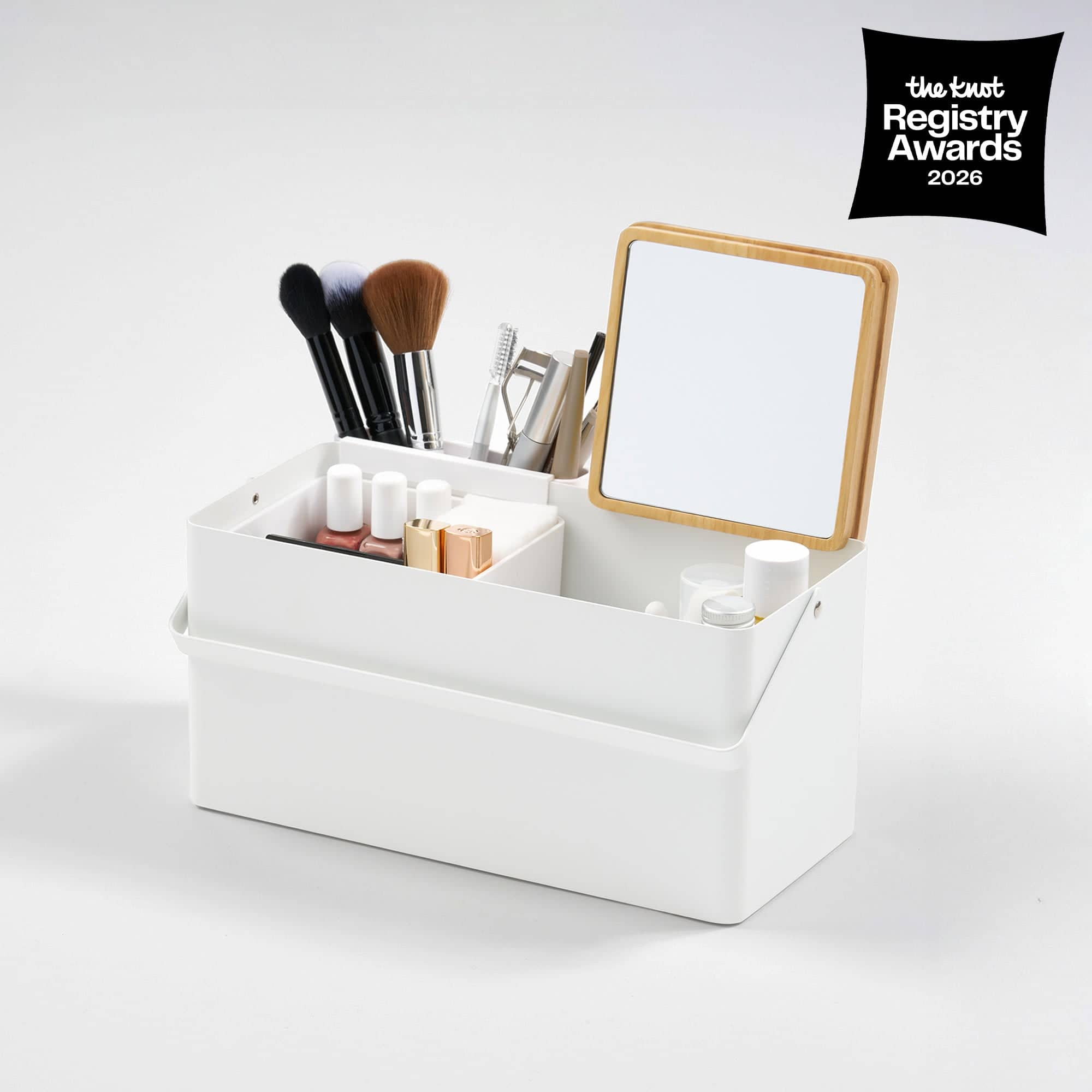 Yamazaki Home - Makeup Organizer with Mirror - Steel + Wood - White