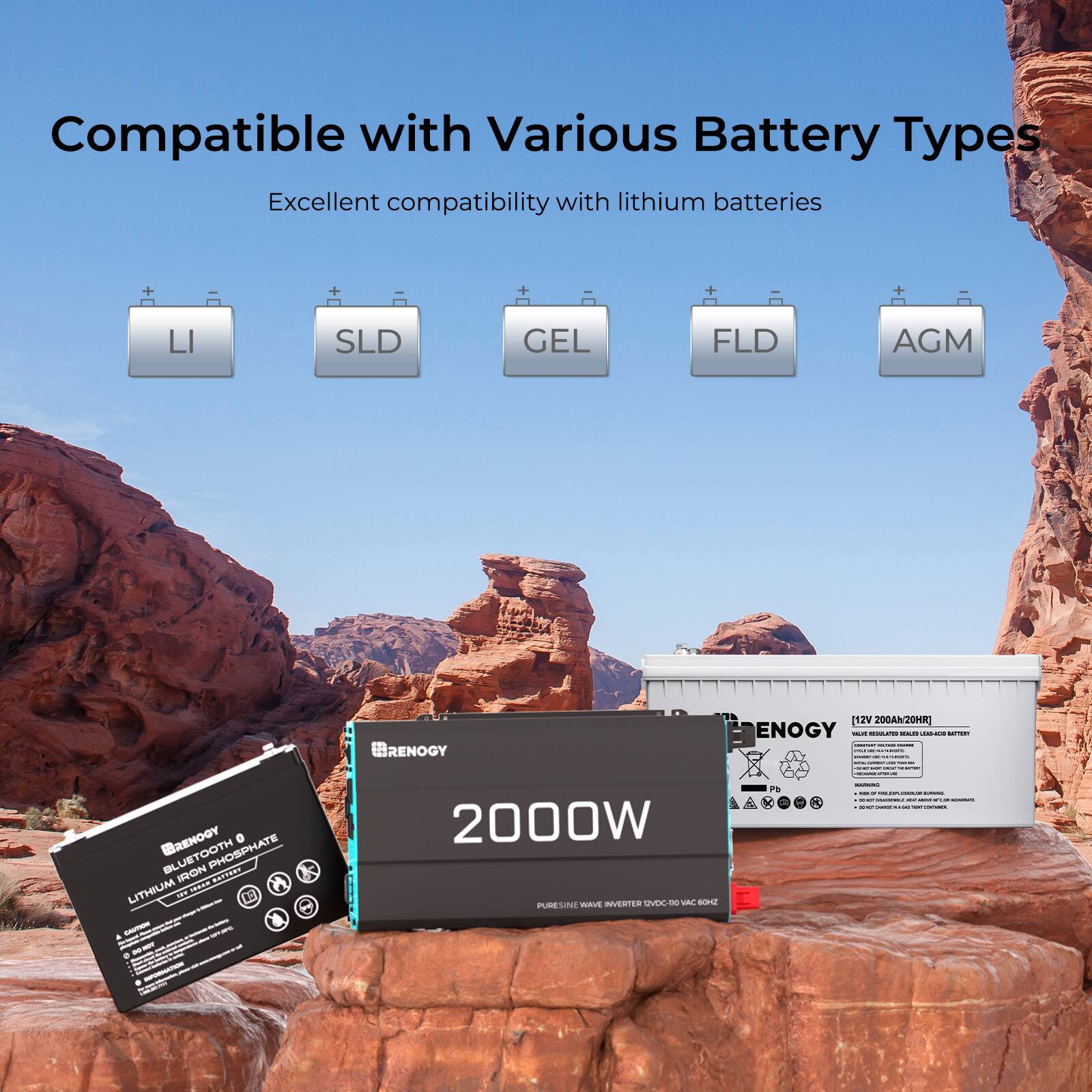 Compatible with Various Battery Types Excellent compatibility with lithium batteries + + + LI SLD GEL FLD AGM RENOGY 12V 200AM20HR) ENOGY - CEN - -o - : : : I i I I I | BAKNOGY 0 BLUETOOTH PHOSPHATE IRON LITHIUM A - - - - e + - 2000W PLOESINE Wetu INVERTER R  N 1 I | | - I I - | d I I : : - - : . : | : : i