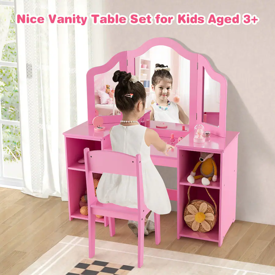 Gymax Kids Vanity 2 in 1 Princess Makeup Desk & Chair Set Safe Tri fold ...