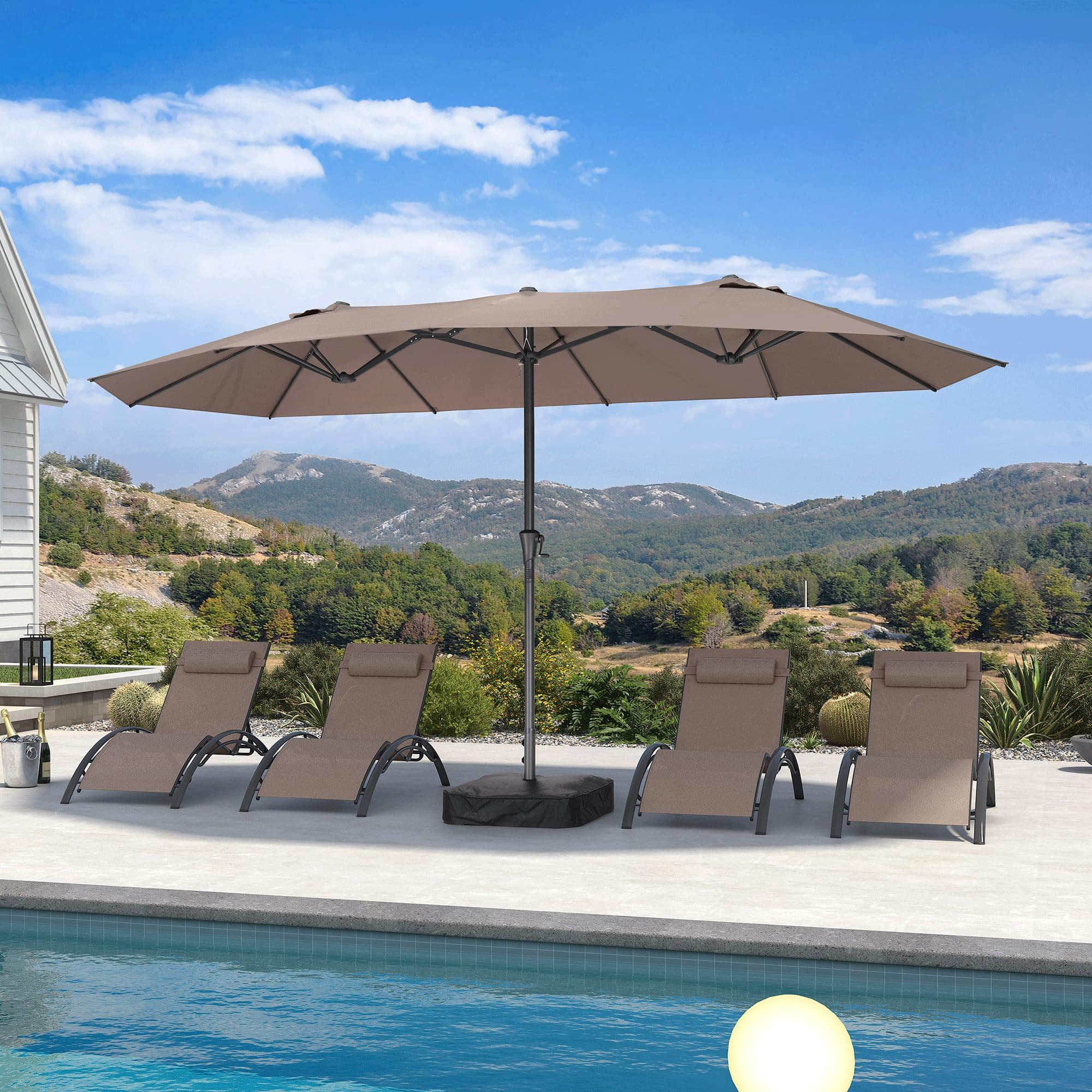 Front. PURPLE LEAF - 14 ft. Patio Market Umbrella with Base Double-Sided Outdoor Table Sun Umbrellas with Crank for Pool Beach Deck Backyard - Taupe.