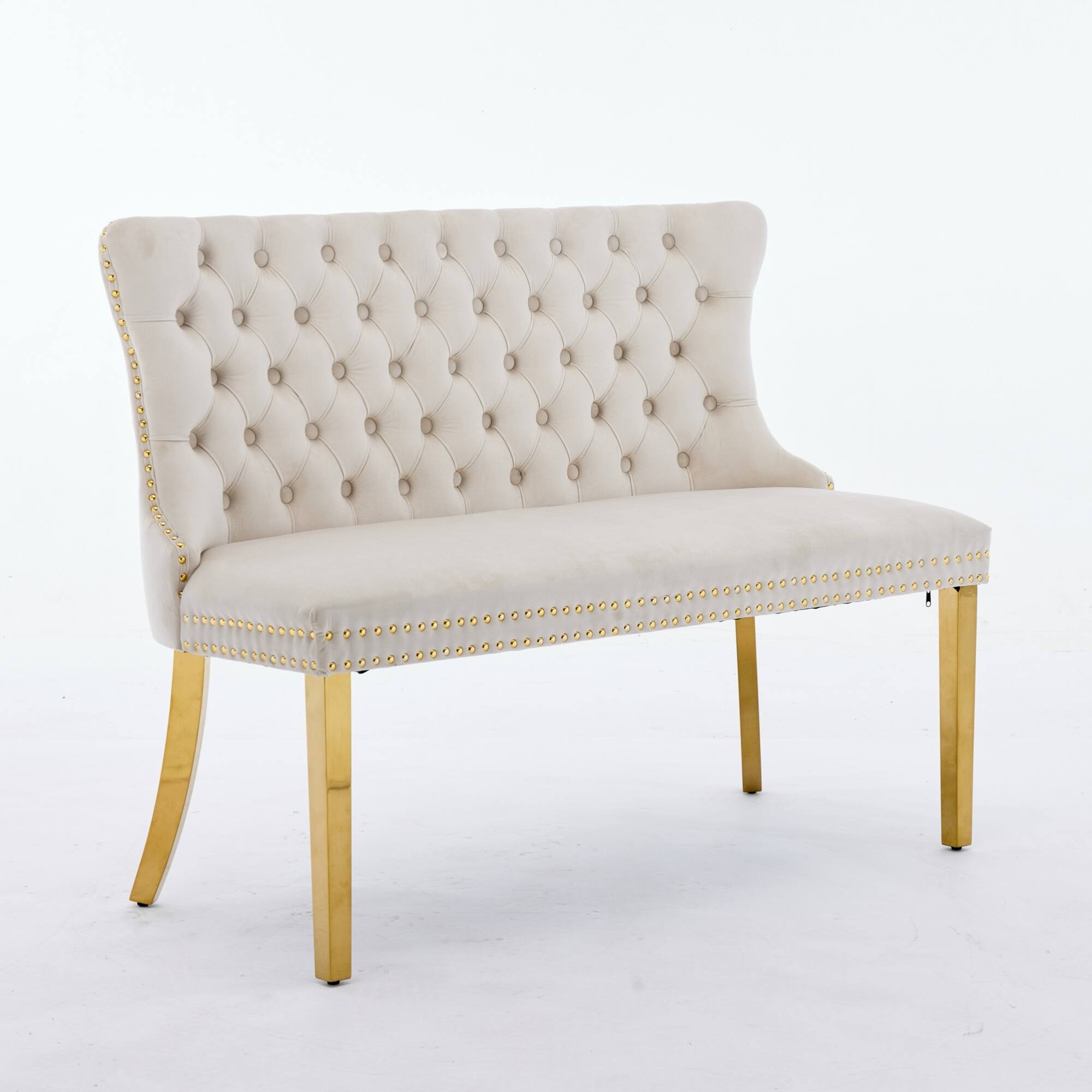 Back. GOODSILO - Velvet Tufted Double Seater Dining Bench with Gold Accent Legs for Kitchen and Dining Room Seating - Beige.