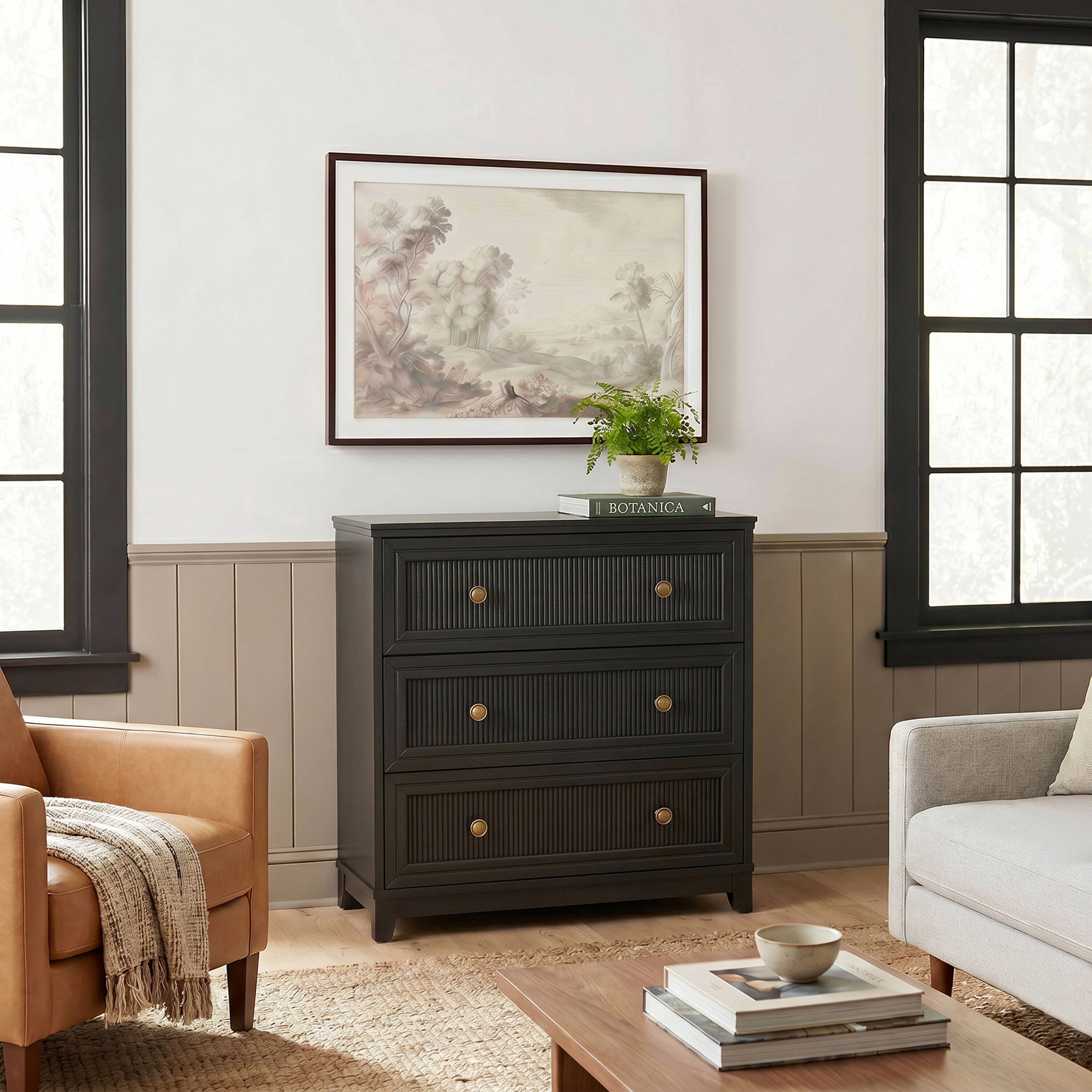 Alt View 5. Martha Stewart - Bedford Modular 3-Drawer Wooden Storage Media Cabinet with Hardware, Solid Wood Frame and Legs - Black Frame/Gold Hardware.