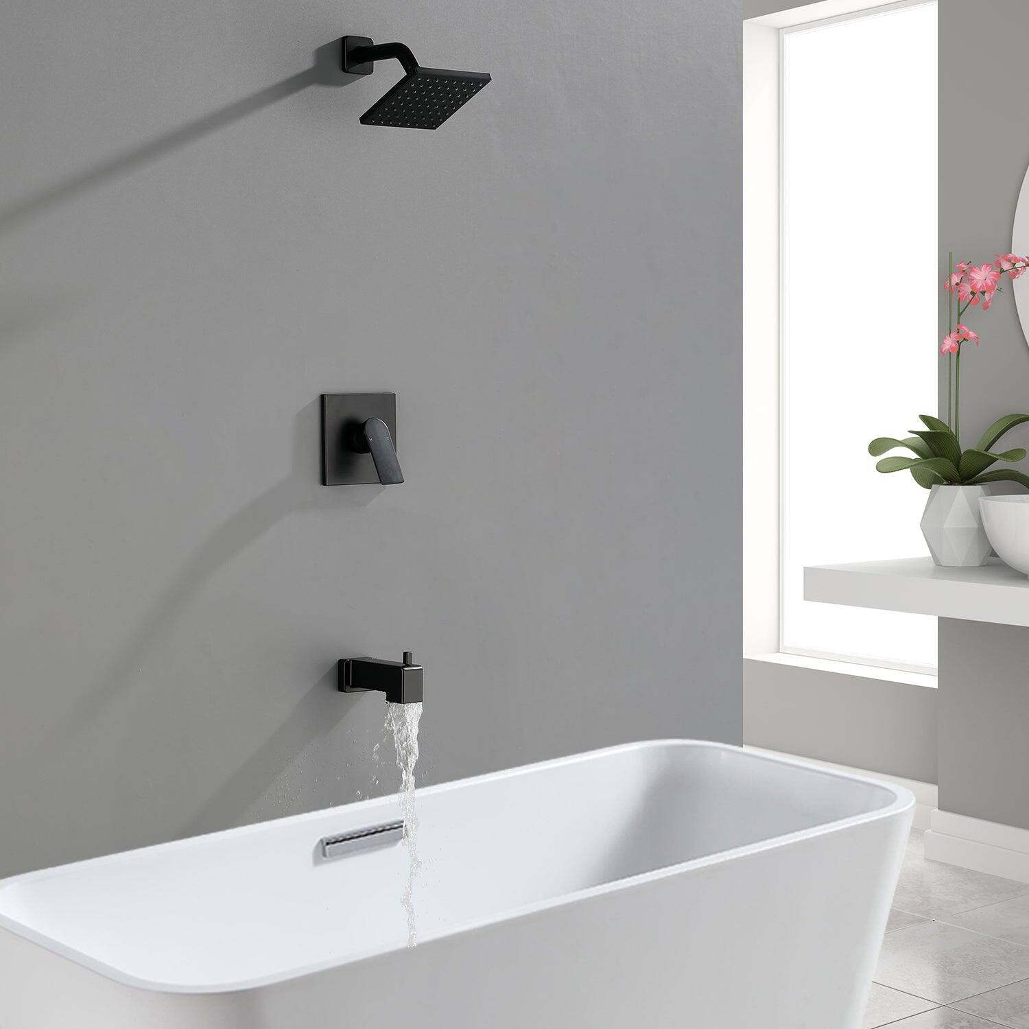 Alt View 4. Boyel Living - Matte Black Shower Set with 6 Inch Square Shower Head and Pressure Balance Valve - Matte Black.