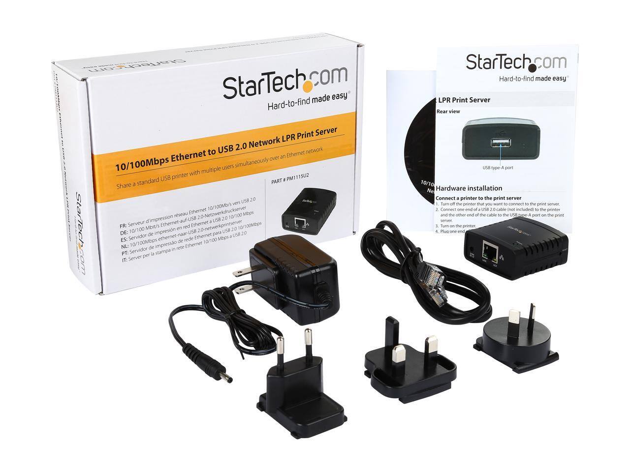 StarTech.com  
Hard-to-find made easy  

10/100Mbps Ethernet to USB 2.0 Network LPR Print Server  
Share a standard USB printer with multiple users simultaneously over an Ethernet network  

PART # PM1115U2  

FR: Serveur d'impression réseau Ethernet 10/100Mbps vers USB 2.0  
DE: 10/100 Mbit/s Ethernet-auf-USB 2.0 Netzwerkdruckserver  
NL: 10/100Mbps Ethernet-auf-USB 2.0 Netwerkprinter  
ES: Servidor de impresión en red Ethernet 10/100Mbps para USB 2.0  
PT: Servidor de impressão em rede Ethernet 10/100Mbps para USB 2.0  
IT: Server per la stampa in rete Ethernet 10/100Mbps per USB 2.0  

LPR Print Server  
Rear view  

Hardware installation  
1. Turn off the printer that you want to connect to the print server.  
2. Connect one end of a USB 2.0 cable (not included) to the printer and the other